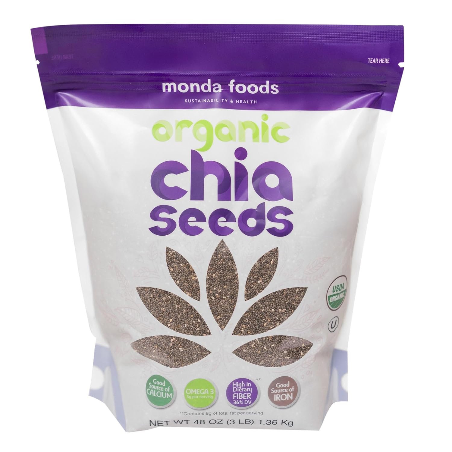 Foods Organic Chia Seeds, 48oz (3lb) – Non-GMO, Gluten-Free Superfood Rich in Fiber, Omega-3s & Protein – Whole Raw Chia Seeds for Smoothies, Baking & Healthy Recipes