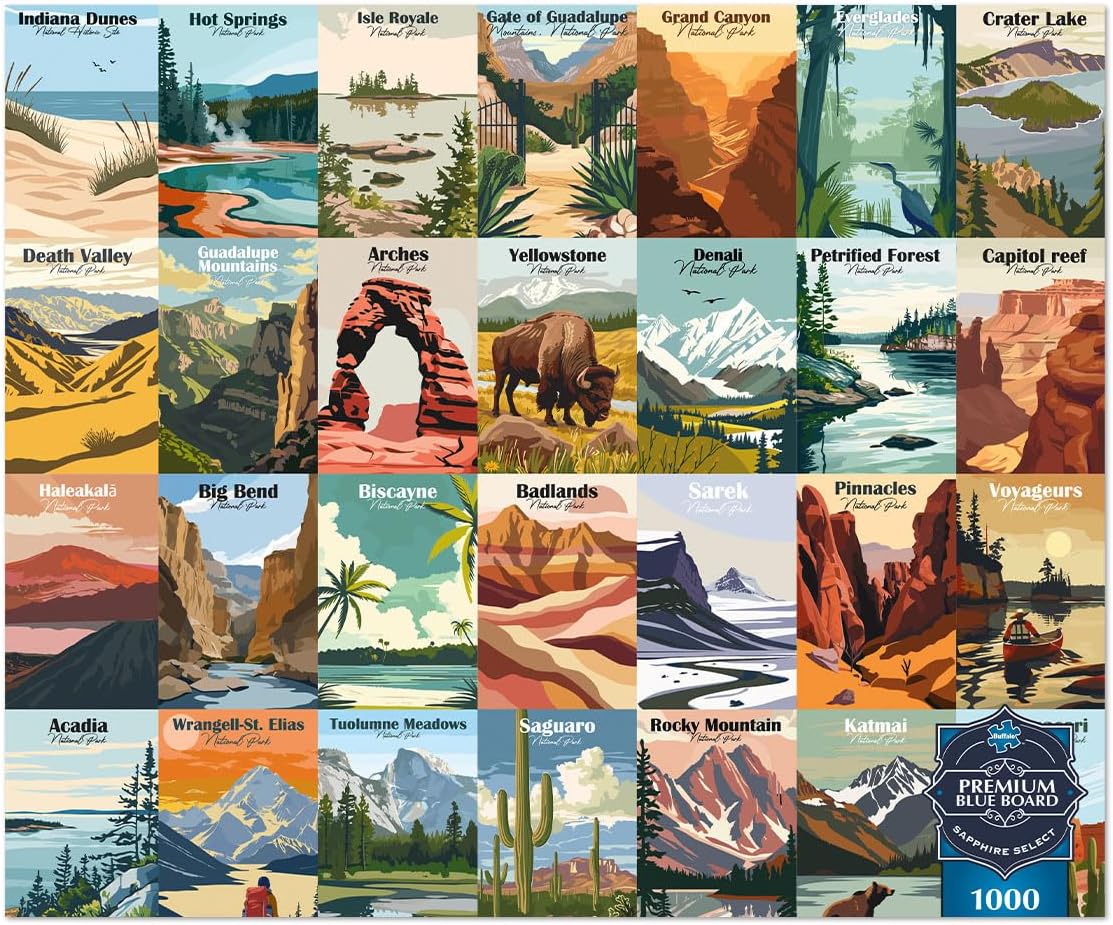 Buffalo Games - Sapphire Select - Our National Parks - 1000 Piece Jigsaw Puzzle – Challenging & Fun – Blue Core Puzzle Board – Giftable Display Box - Full Size Poster Included