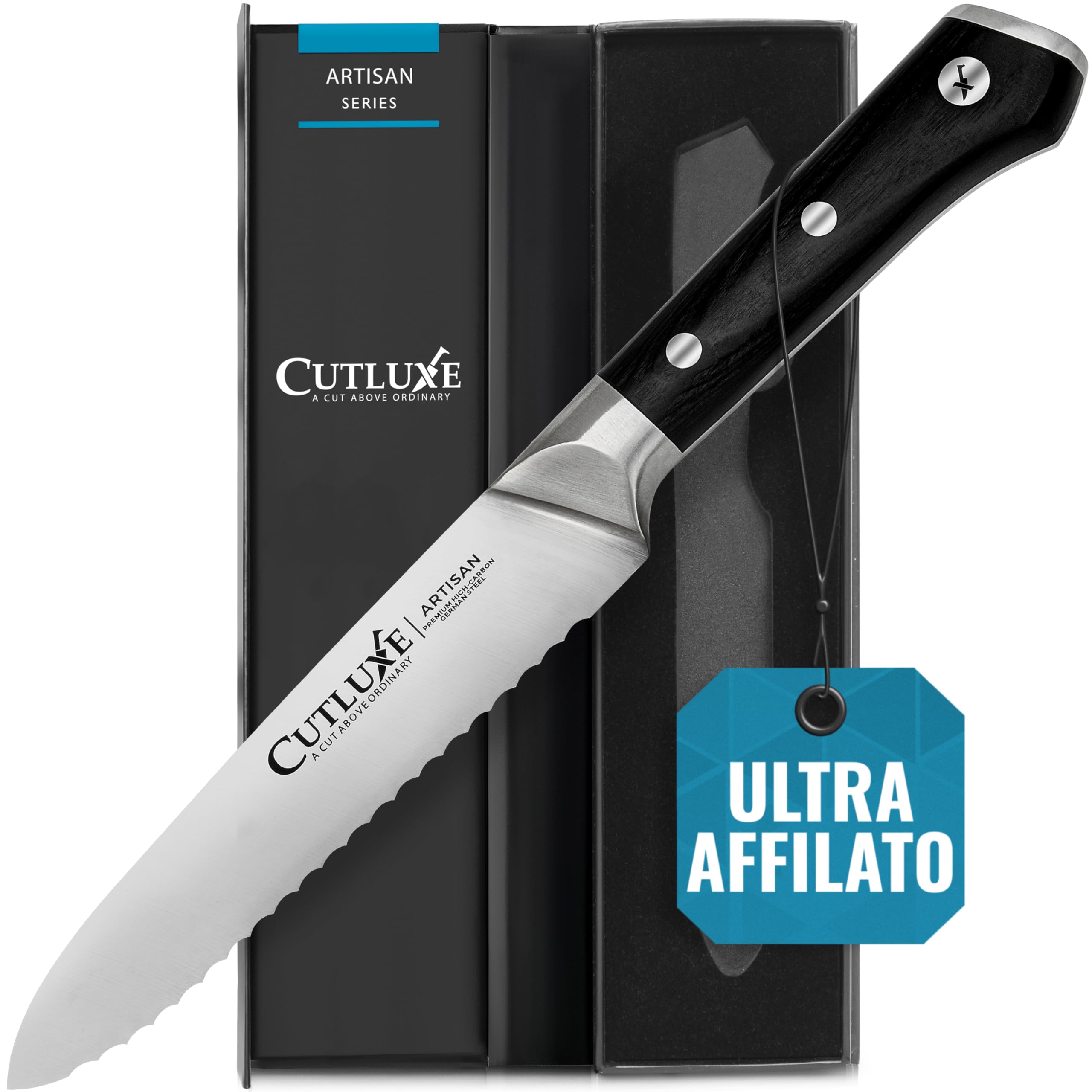 Cutluxe Seghettato Coltello Universale - 13 cm Coltello da Cucina Professionale - Coltello Pomodoro - Coltello Verdure - Acciaio Tedesco al Carbonio Forgiato - Impugnatura Ergonomica - Serie Artisan