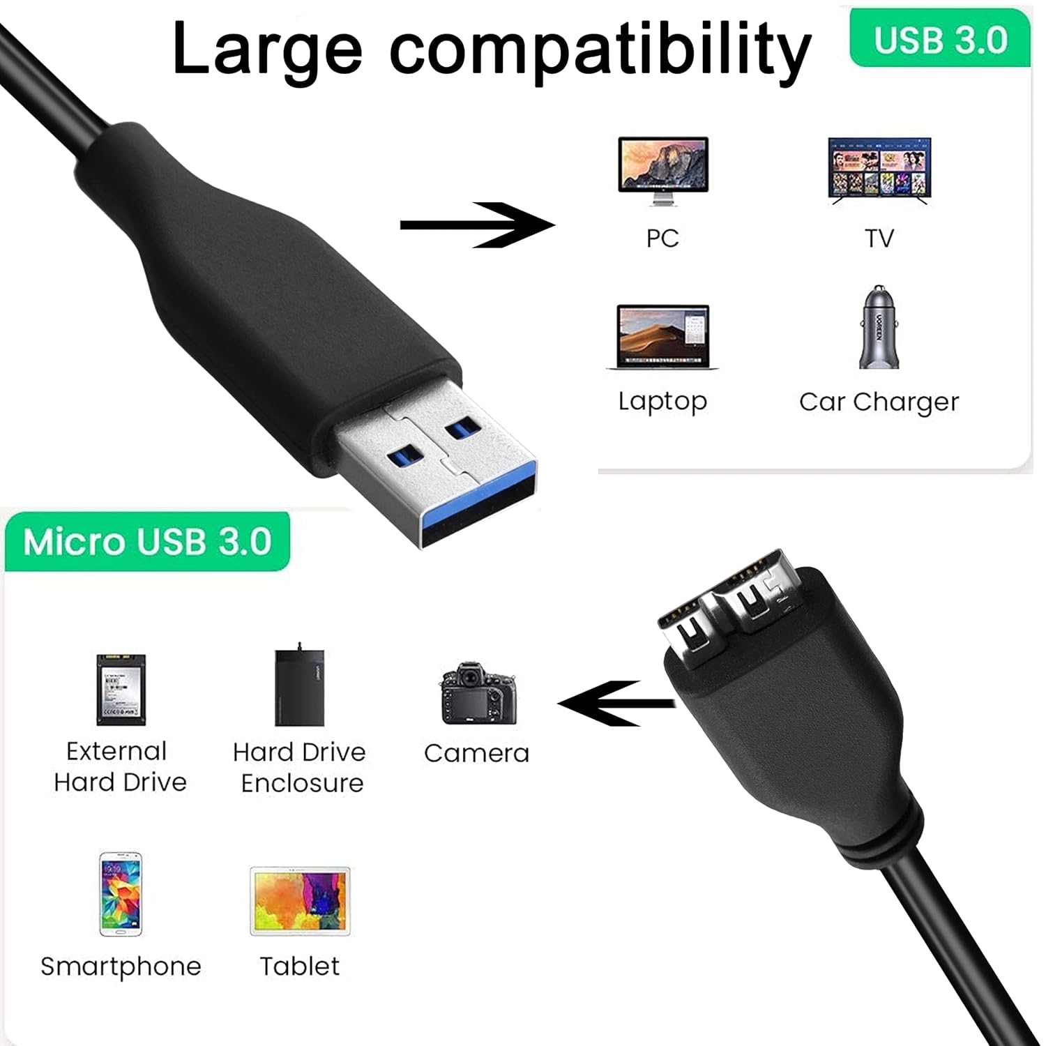 Storite 45CM Micro B Cable, USB 3.0 A Male to Micro USB 3.0 Sync Cord high Speed Upto 4.8 Gbps Data Transfer Cable Data Wire for Portable External Hard Drive -1.45 feet-Black thumbnail