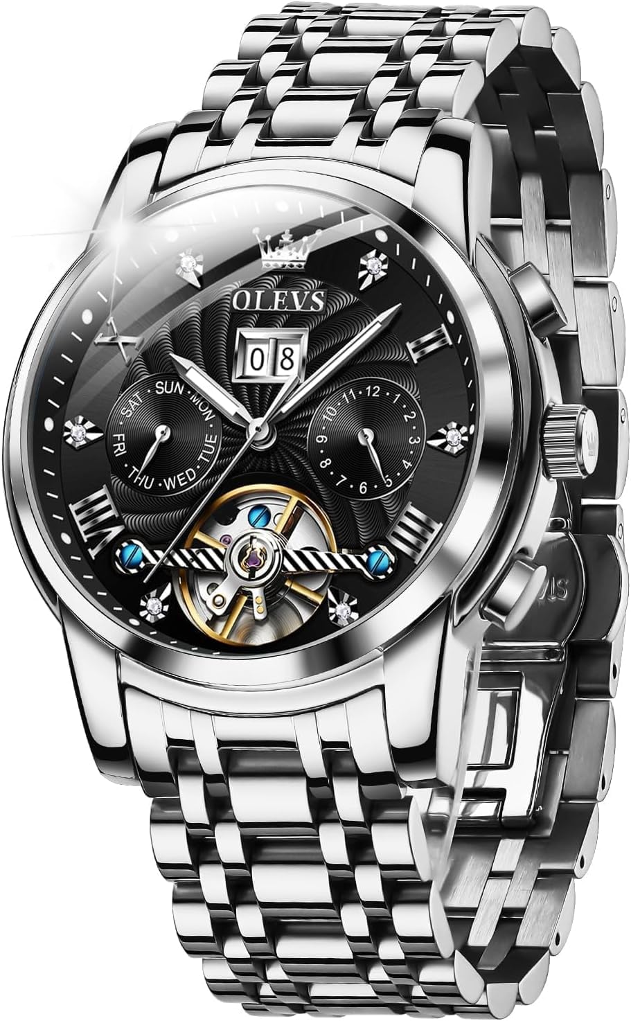 OUPINKE Herrenuhren Automatik Skelett Mechanische Armbanduhr mit Diamanten Tourbillon Wasserdicht Luminous Tag Datum Schwarz Edelstahlarmband