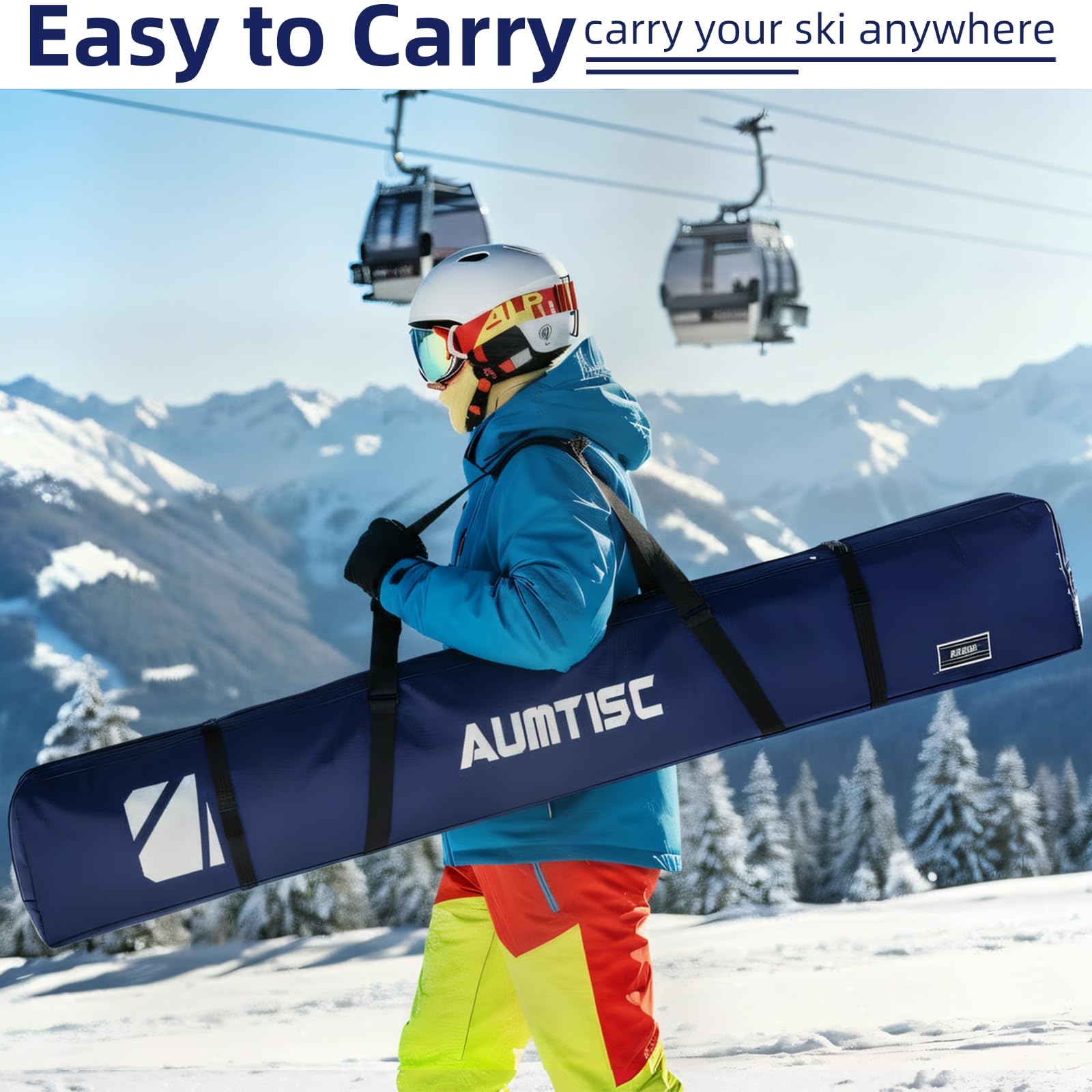 AUMTISC Borse per kit da sci Borsa da viaggio singola per sport invernali Imbottita per trasportare gli sci Tasca per attrezzi con manico regolabile 170 185 cm