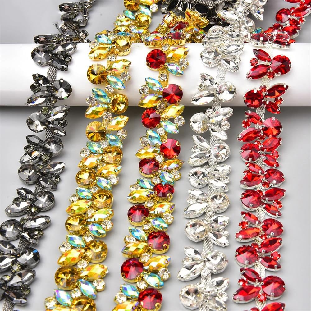 Paski z łańcuszkiem ze strasu, szkło diamentowe, metalowe, kwiatowe, ozdoba, aplikacja wielokolorowa, wiele rozmiarów (Silver AB)
