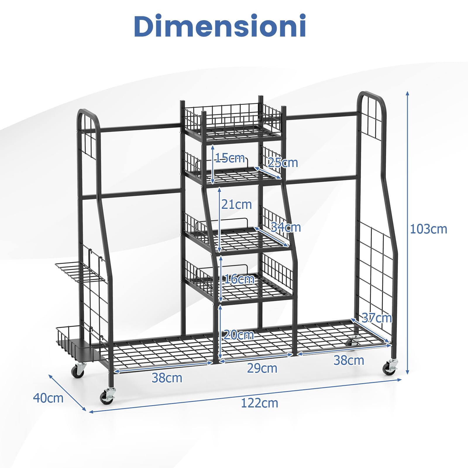 COSTWAY Organizer per Borse da Golf, Carrello per Sacca da Golf con Supporti Rimovibili, Cesta in Rete, Scaffali Aperti, Vassoio e Ruote, Organizzatore Salvaspazio in Metallo per Casa e Garage