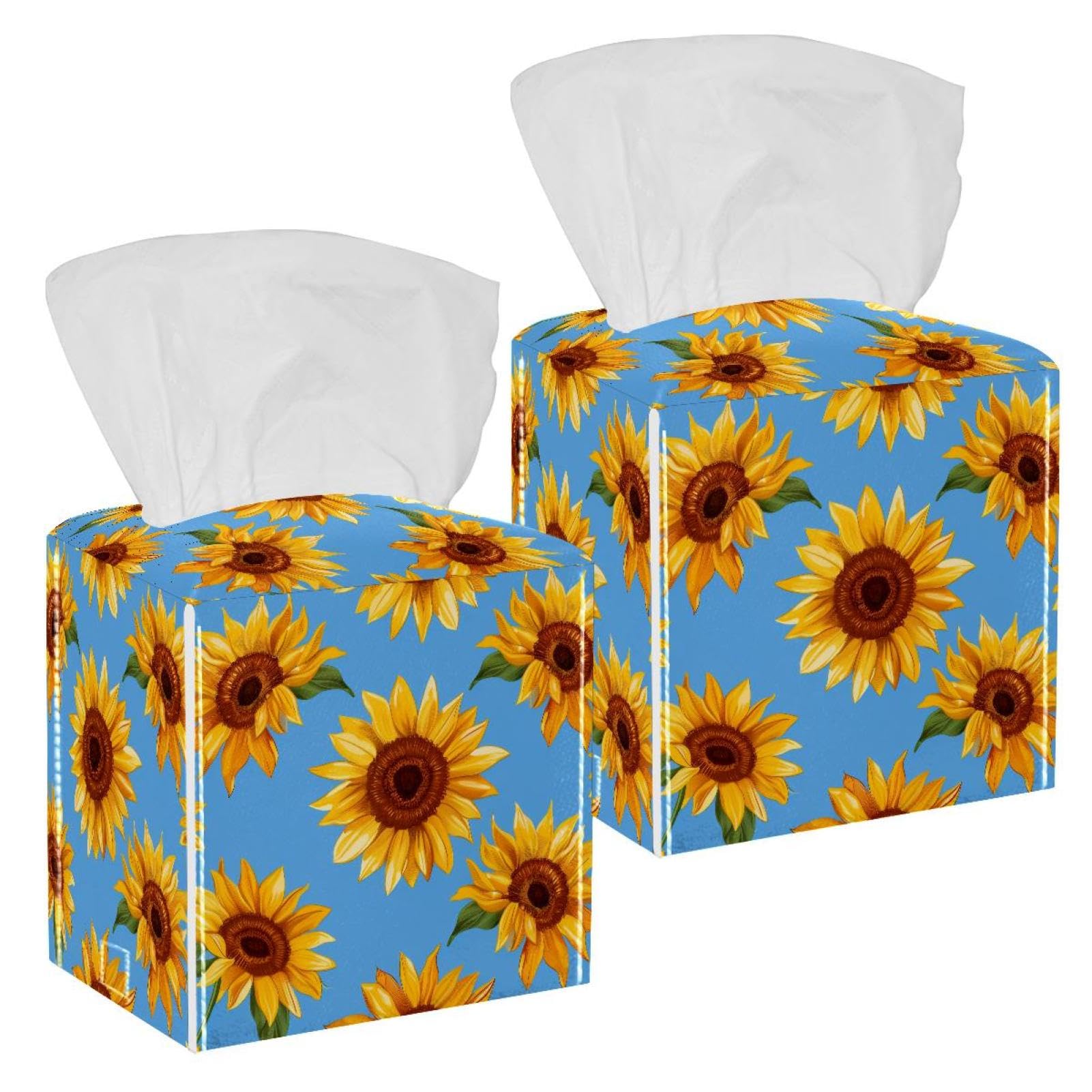 Sunflower Tissue Box Cover, 2 Pack PU Leather Square Facial Tissue Dispenser Box holder for Home Office Car