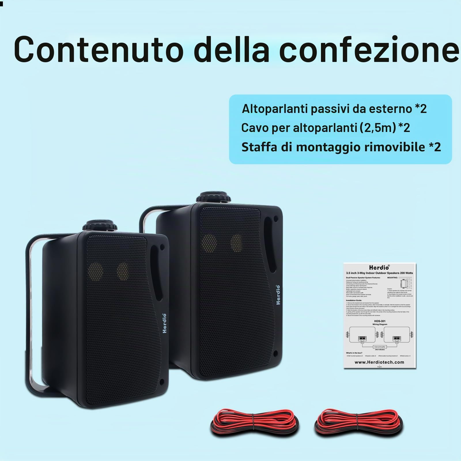 Herdio 3,5 Pollice Altoparlanti da Esterno 200Watt Diffusori Cablato All-Weather Coppia Nero