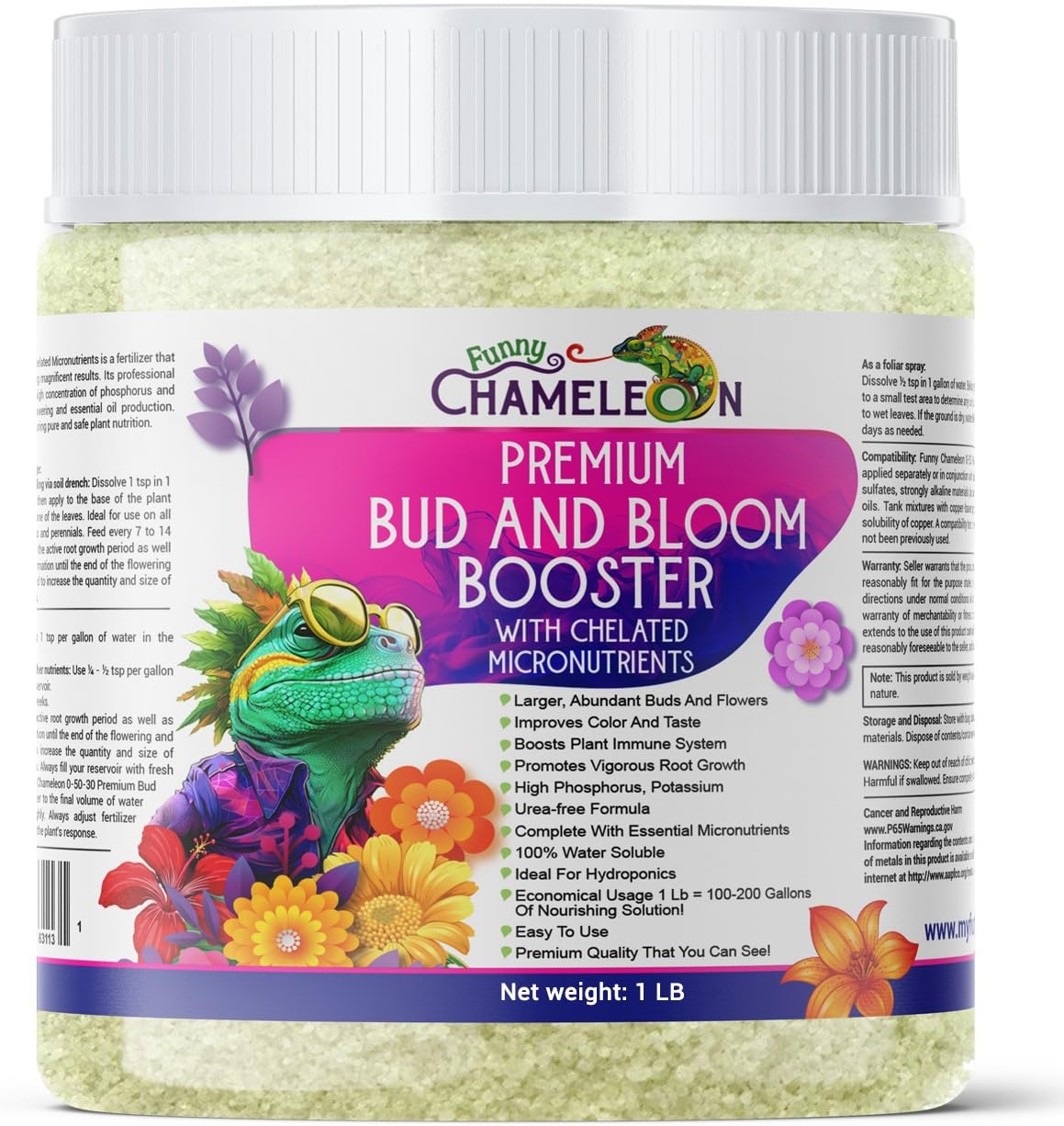 Funny Chameleon 0-50-30 Premium Bud and Bloom Booster with Chelated Micronutrients for Use in Soil and Hydroponics, Super Concentrated, Flower Fuel (1 LB)