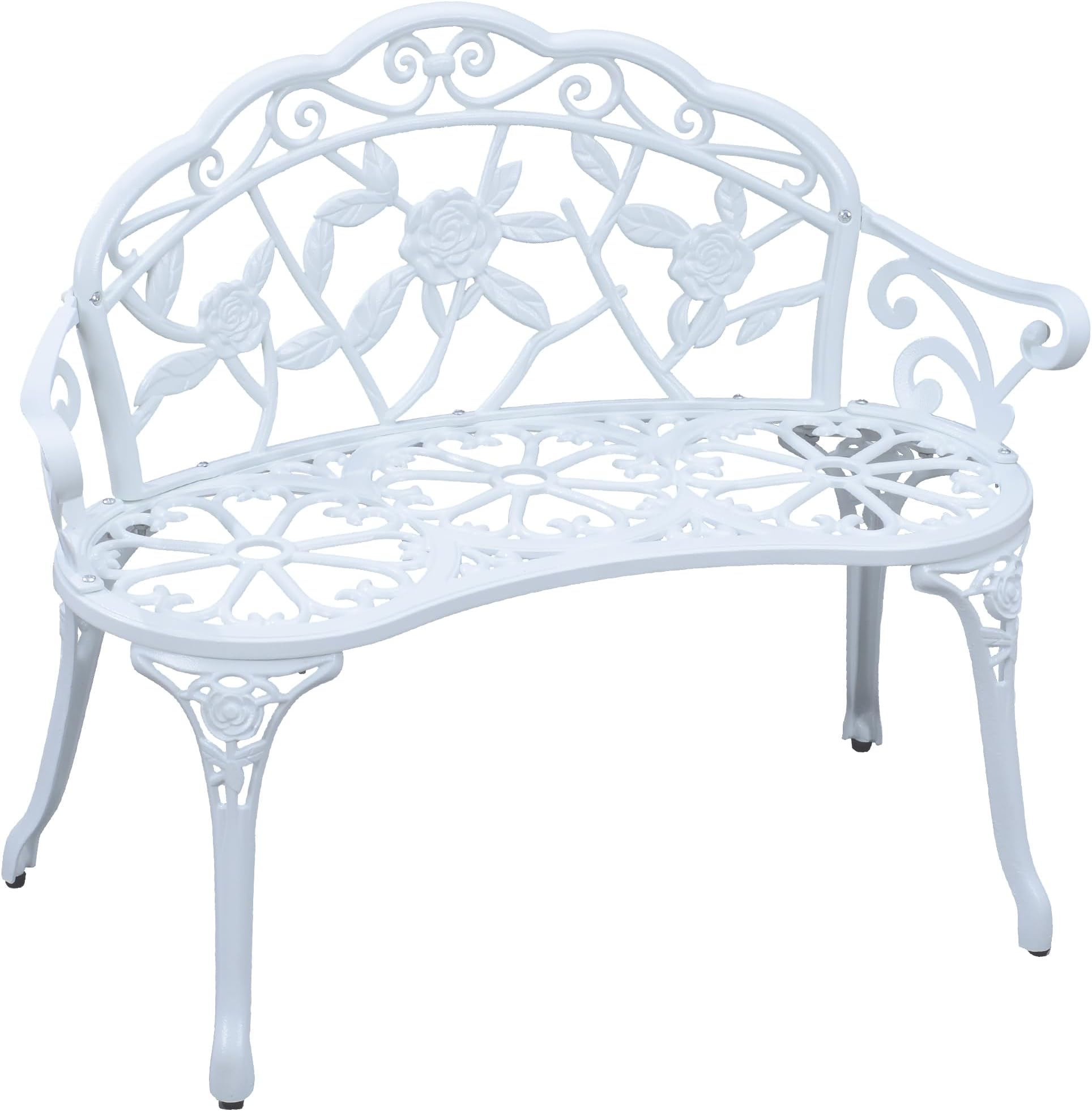 Sun-Ray Outdoor Patio Bench with Rose Detail in White, Cast Aluminum and Cast Iron Bench for Garden, Park, Patio, & Deck