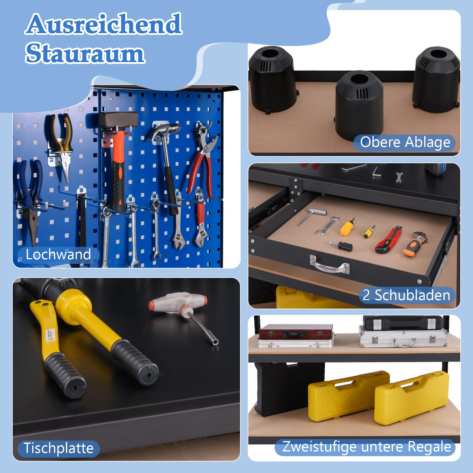 GYMAX Werkbank mit Lochwand, Arbeitstisch mit 24 Werkzeughaken, 2 Schubladen & offenen Regalen, Werkzeugbank bis zu 230 kg belastbar, robuste Werktisch für Garage, Werkstatt & Zuhause (Blau)