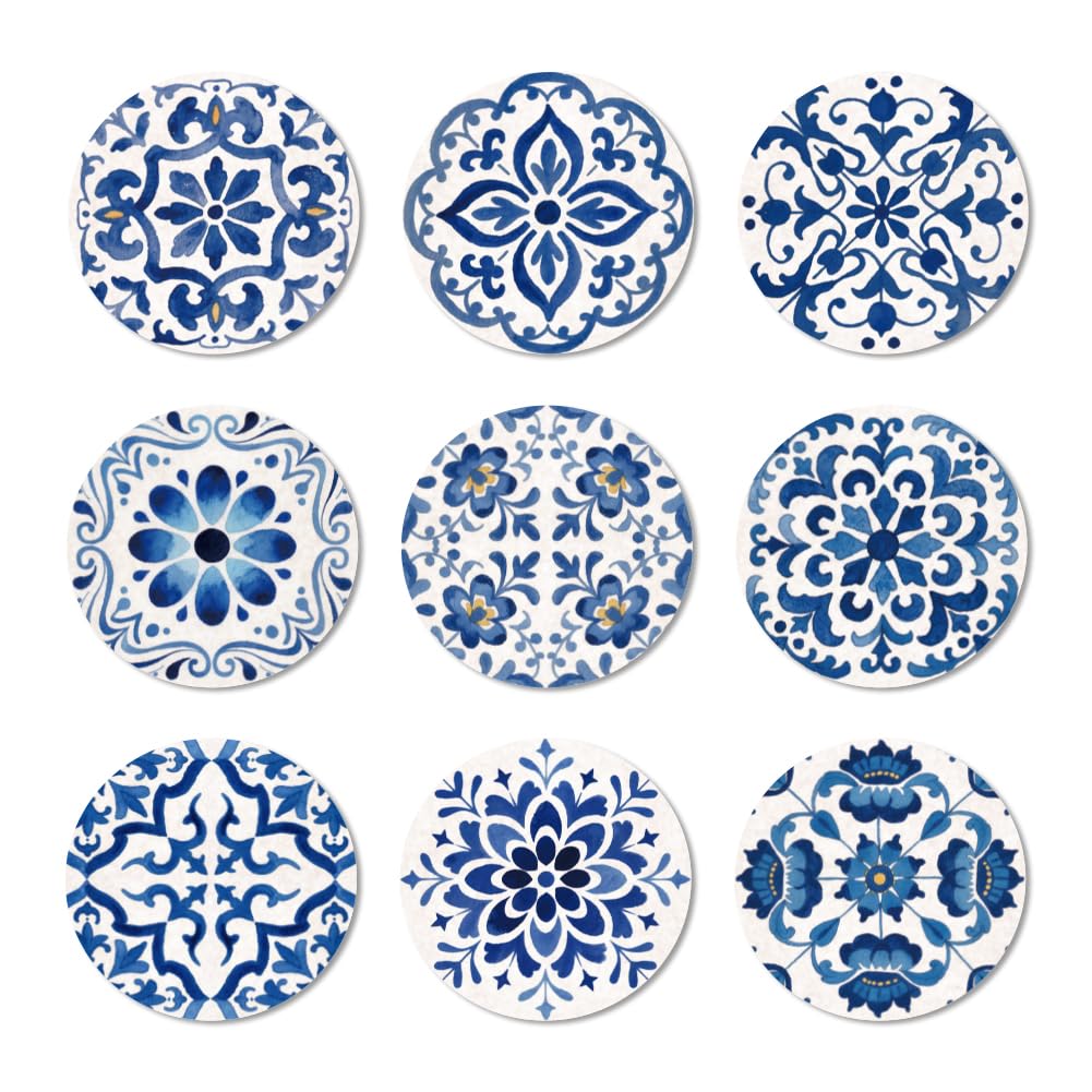 ANATTASOUL Wood Coasters Set of 9 for Drinks Blue Spanish Pattern Colorful Wooden Cup Mat for Coffee Table Decor, 3.9" Desk Coasters for Home, Apartment, Office, Bar Gifts