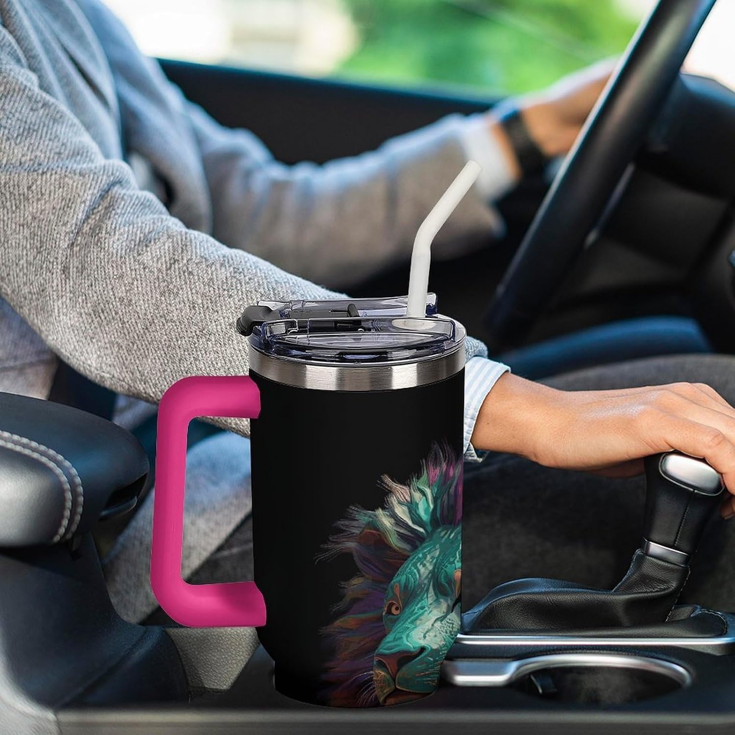 Abstract D Art Lion Tumbler 40 Oz with Handle&Lid Large Car Cup Stainless Steel Vacuum Travel Mug Insulated Water Bottle Leak-proof Portable Coffee Cup for Home Car Outdoor