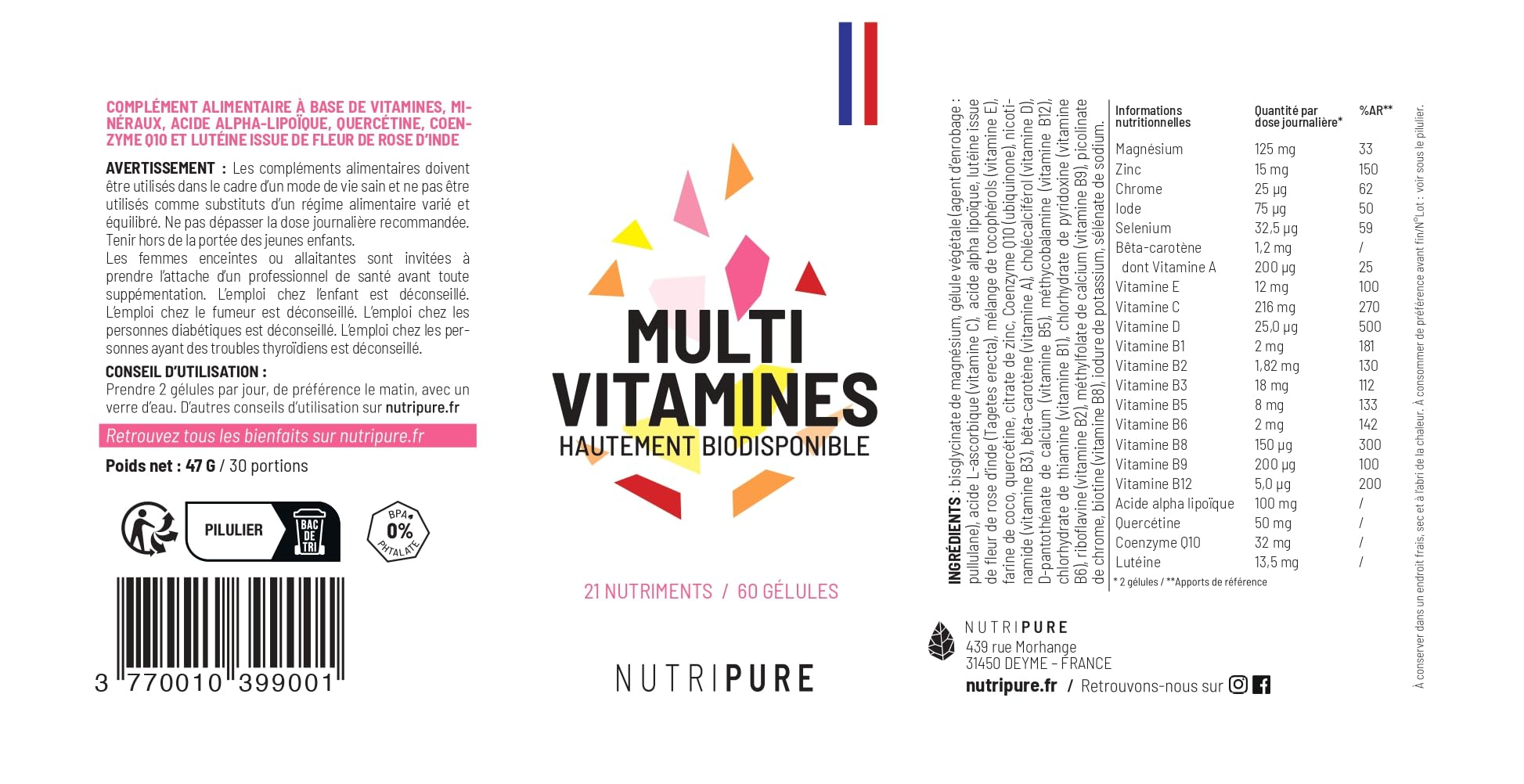 Nutripure | Pack Incontournables | Multivitamines, Magnesium Bisglycinate, Oméga 3 en Gélules | Compléments Alimentaires pour Sportifs | Santé et Bien-Être | 30 Portions | Fabriqué en France