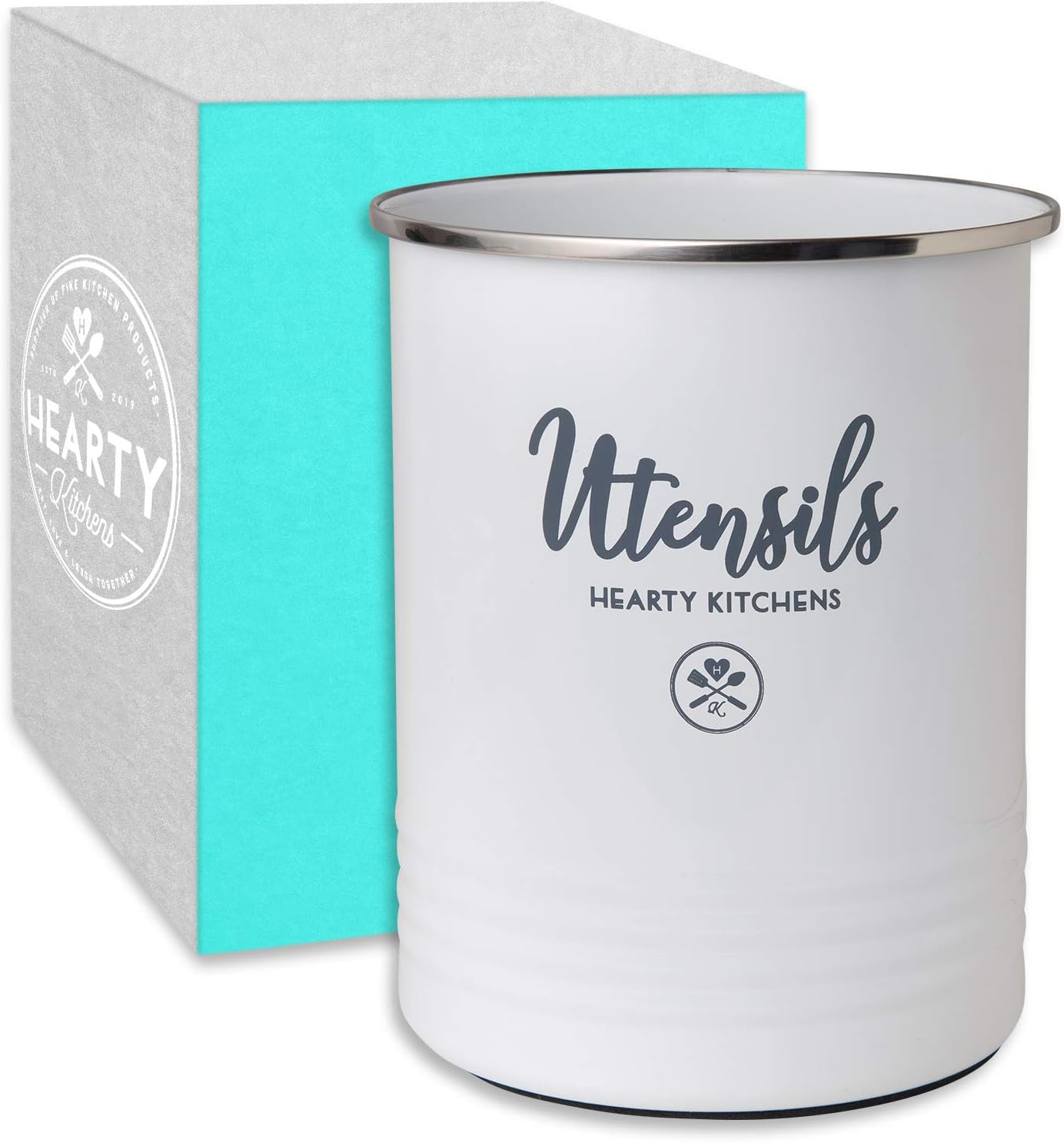 Farmhouse White Kitchen Utensil Holder for Countertop - Crock with anti-slip base pad - Space Saver with Vintage Home Décor Appeal - Great Size Generously Holds Both Your Long and Short Utensils