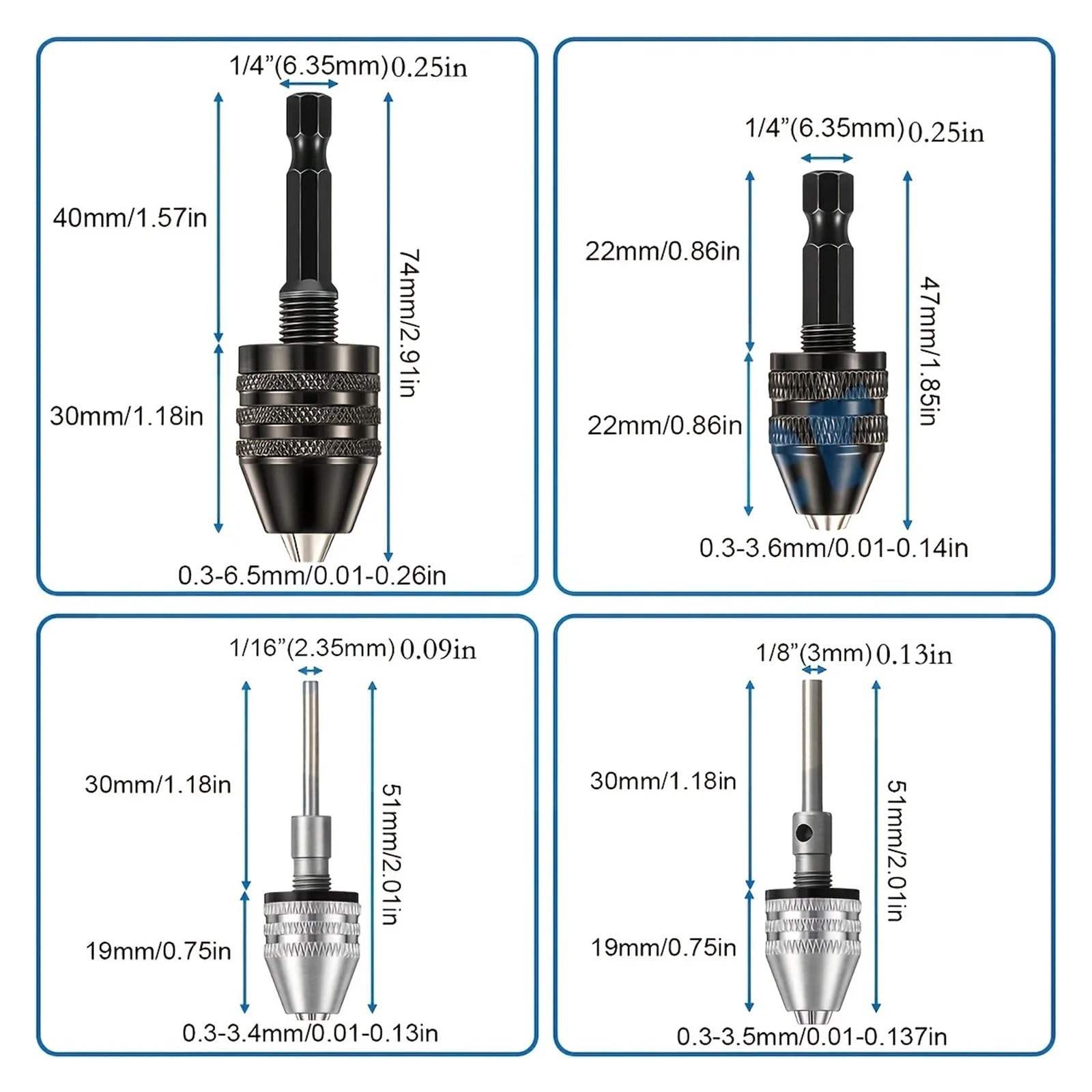 Mandrino senza chiave 1 pz 1/4, 1/8, 1/16 di pollice esagonale e codolo rotondo adattatore for cambio rapido piccolo mandrino for trapano, nero e argento(B)