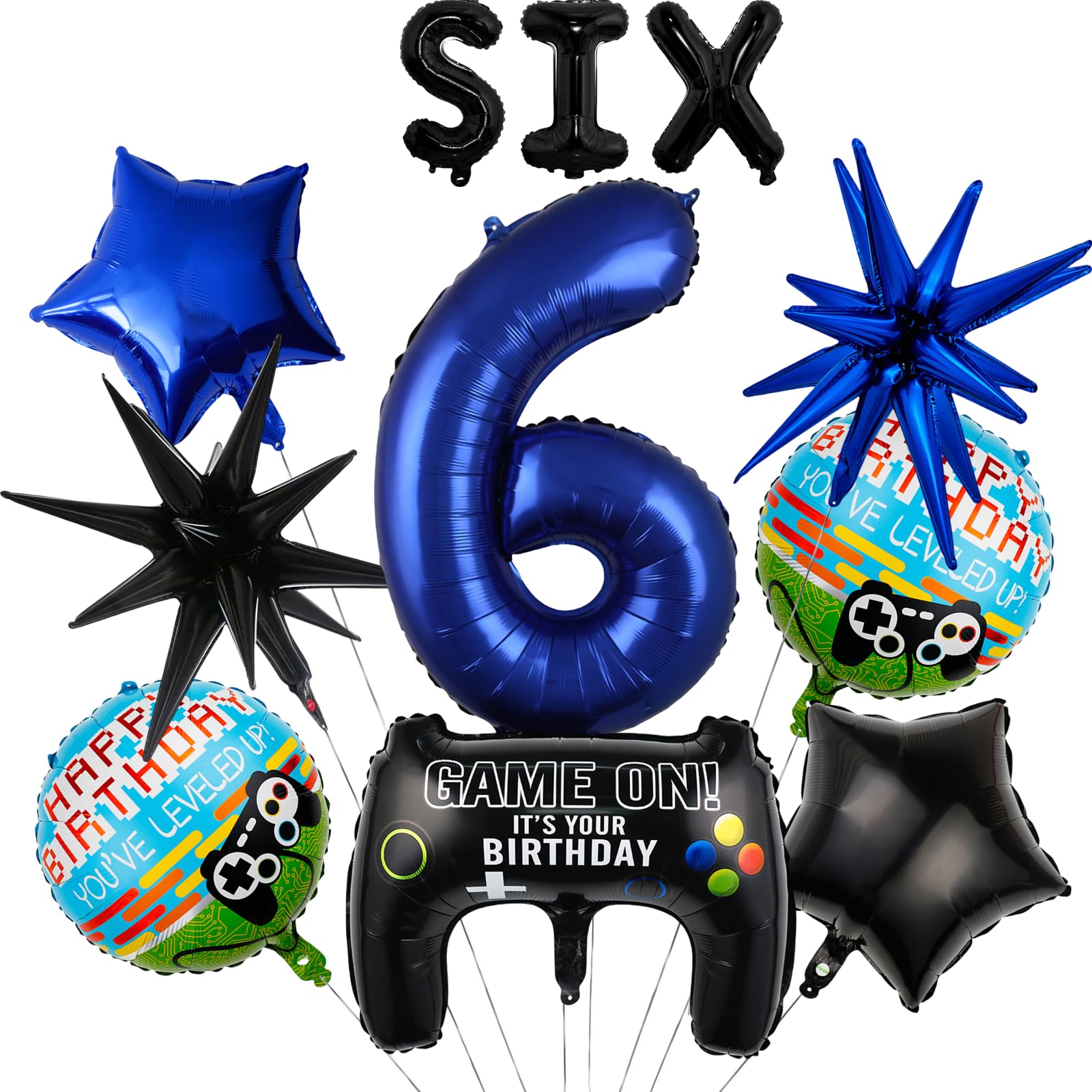 11pcs Video Game Themed Party Decorations, Number 6th Boys Birthday Party Supplies, Navy Blue Video Game Controller Mylar Foil Balloon, Video Game