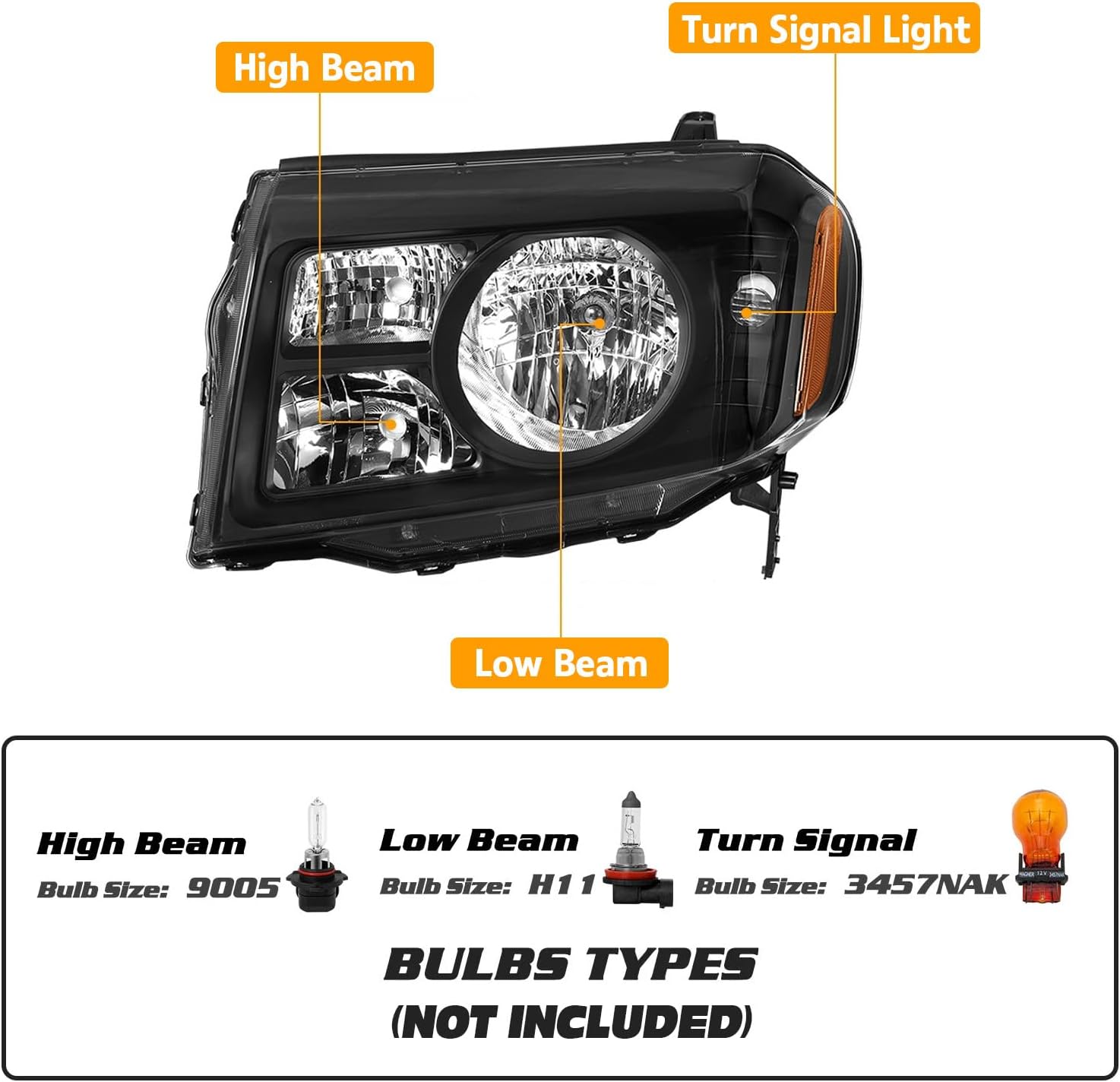 Headlight Fit for 2009 2010 2011 Honda Pilot LX/EX/EX-L,Halogen Headlamp Black Housing Amber Reflector Replacement Driver Passenger Side HO2518125 33150-SZA-A01 HO2519125 33100-SZA-A01