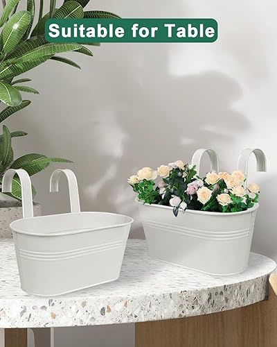 Miniatura 5 de Macetas colgantes de metal para valla de barandilla  5 macetas colgantes grandes blancas para balcón, cubos de metal de hierro con ganchos