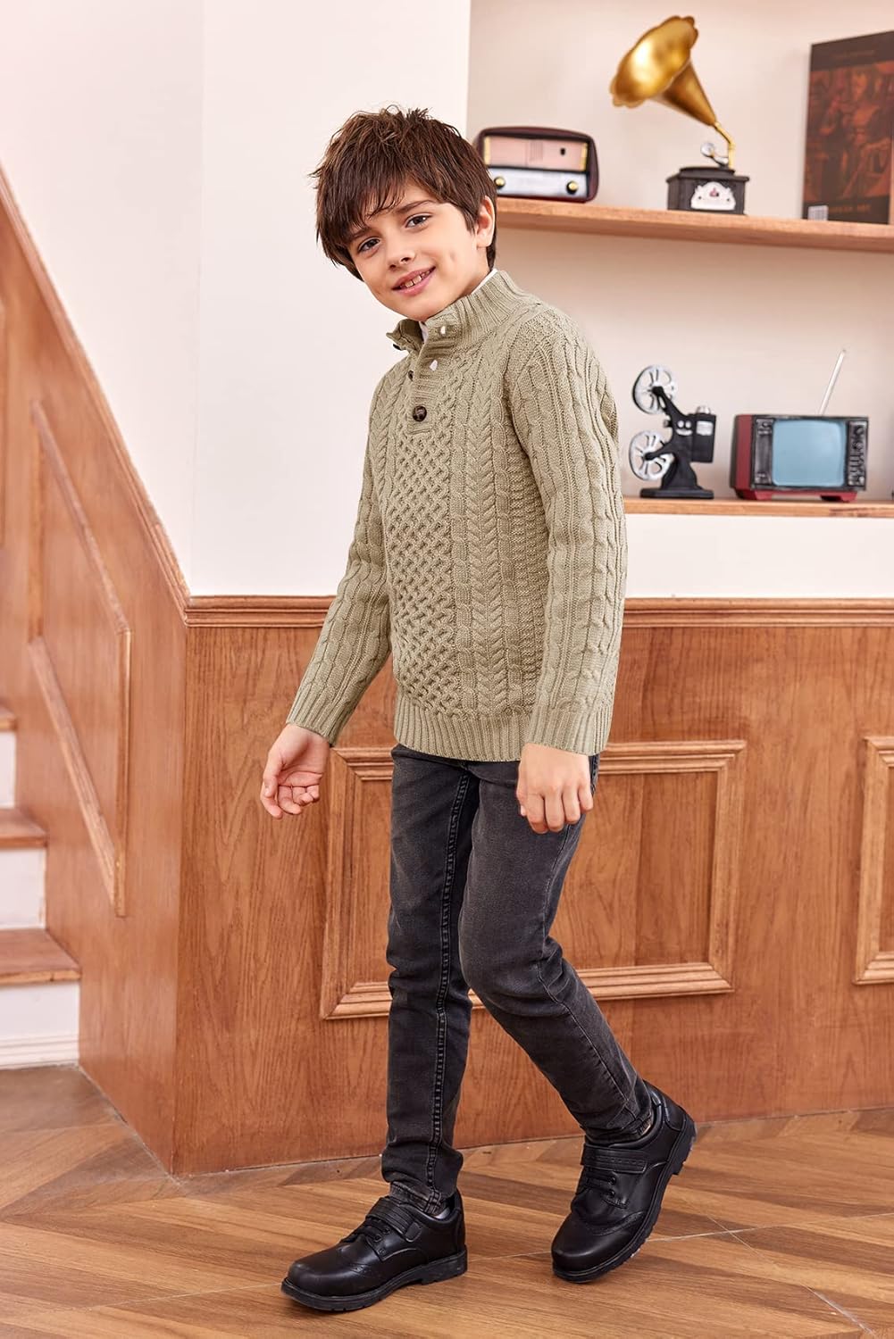 Makkrom Kids and Boys Mock Neck Pullover Sweater Long Sleeve Button Cable Knitted Jumper - Image 2