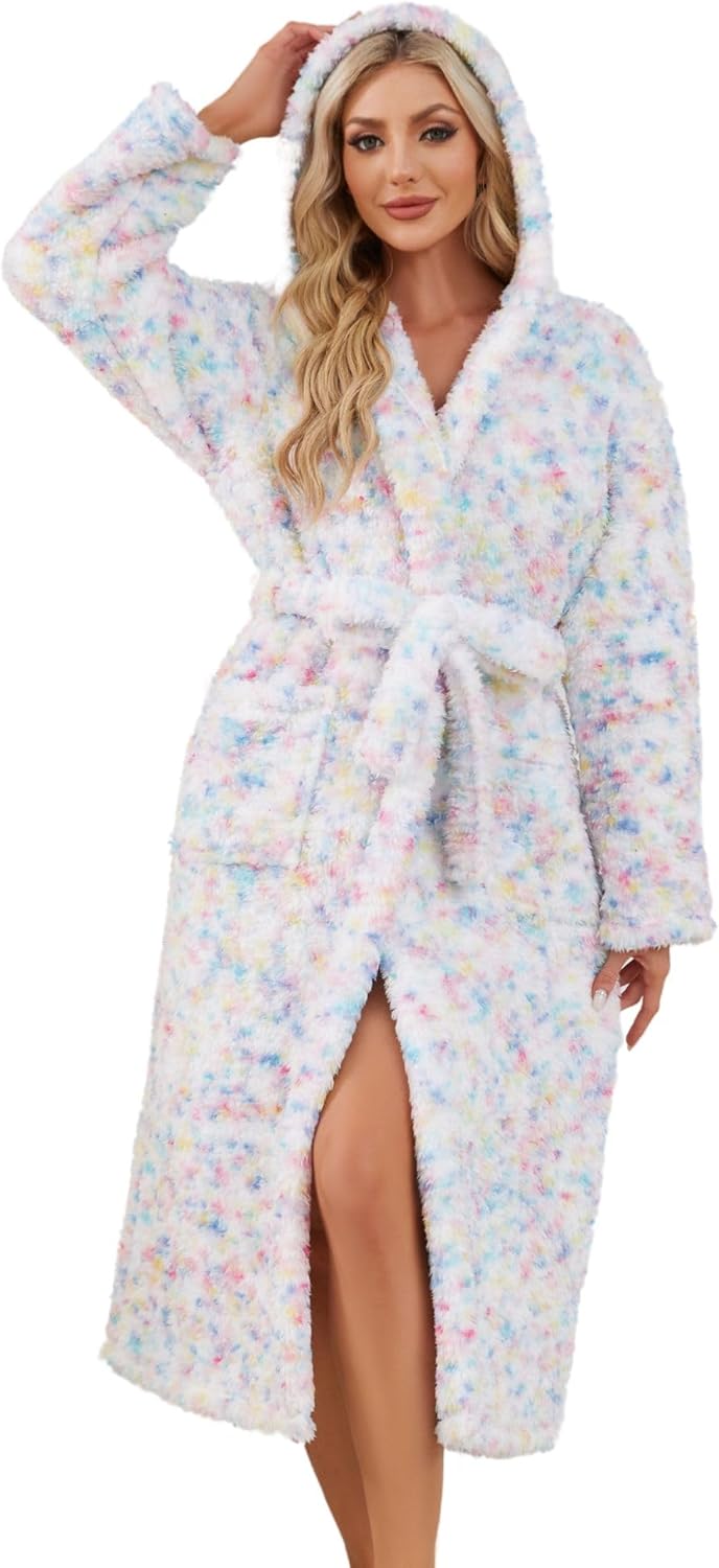 LYCY Women Hooded Fleece Robe, Soft Warm Plush Bathrobe for Women Fluffy Spa Long Robe LYCY Women Hooded Fleece Robe, Soft Warm Plush Bathrobe for Women Fluffy Spa Long Robe