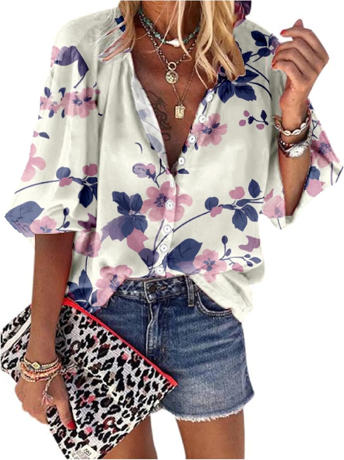 Hawaiian Shirts for Women 3/4 Length Sleeve Womens Tops Casual Loose Fitted Button Down Shirts for Women