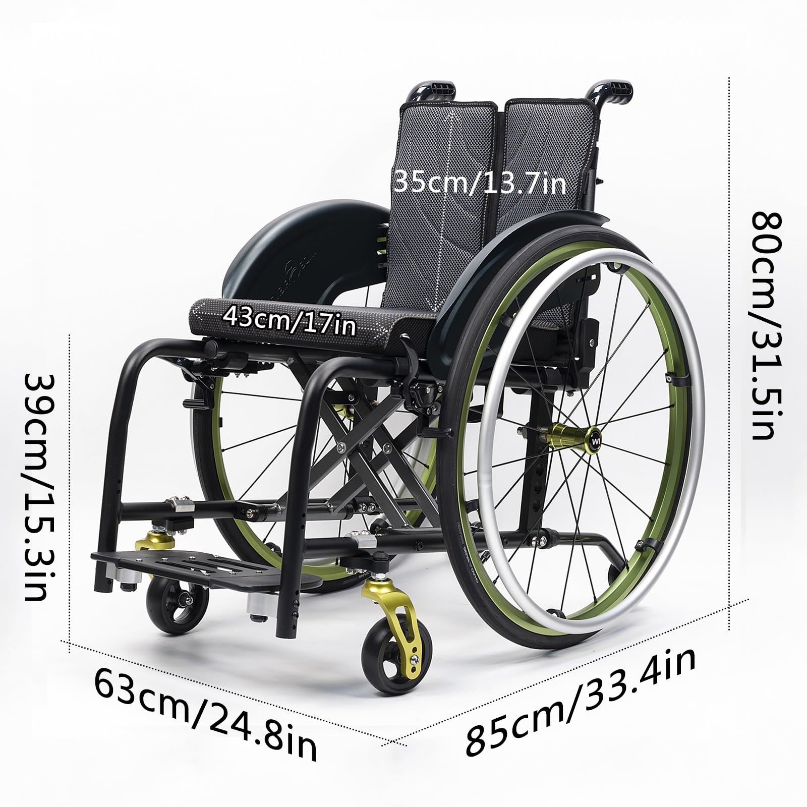 Silla de ruedas manual ligera, silla de ruedas deportiva ultraligera portátil todo terreno, silla de ruedas plegable, sillas de ruedas de transporte con antivuelco(A,43cm/17in)