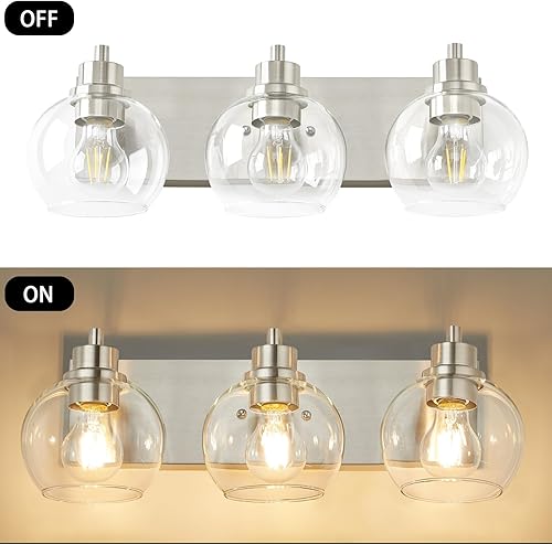 Miniatura 4 de Tuscarora Lámpara de baño, lámpara de tocador de níquel cepillado de 3 luces con pantalla de vidrio transparente, accesorios de iluminación para