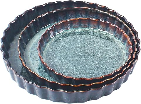 Ceramic Pie Pan Set 3 Pieces Ceramic Baking Pans, Round Baking Pans, Grooved Pie Pans, 8-inch, 9.75-inch, 11.5-inchblack