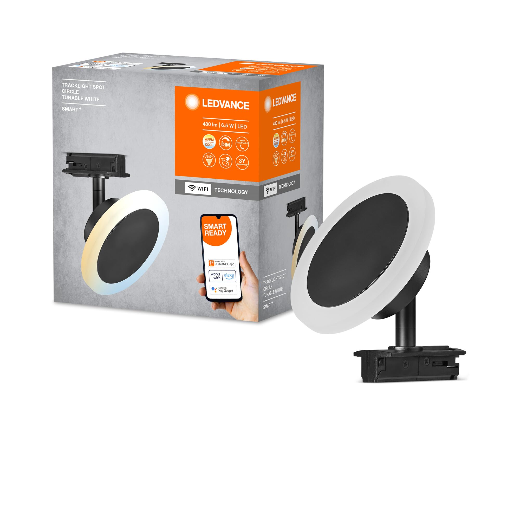 LEDVANCE Tête d'éclairage du système de rail SMART+ Tracklight WiFi, noir, 6,5 W, 480 lm, tête directionnelle, blanc réglable 3000K-6500K, contrôlable par application, compatible Amazon, Google, etc.
