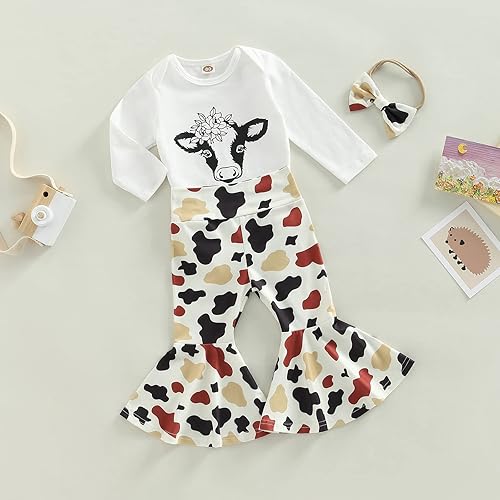 Miniatura 10 de Conjunto de ropa para niñas y bebés con estampado de vaca y pantalones de campana de manga larga de algodón