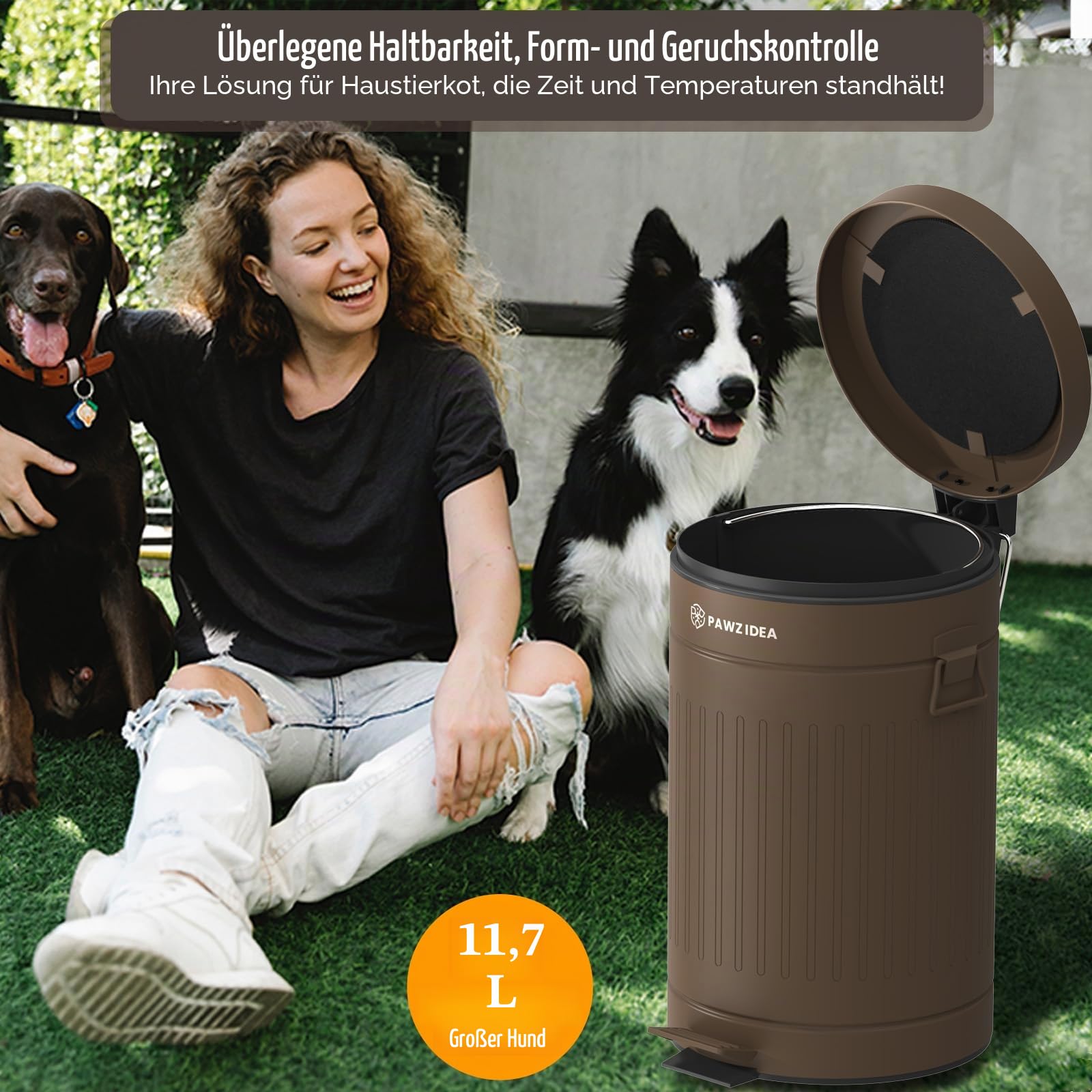 PAWZIDEA Hundekot Eimer Geruchsdicht für Draußen, 12 Liter Luftdichter Hundekot Mülleimer Garten, Treteimer Katzenstreu Entsorgungseimer, Windeleimer, Stahl, BPA-frei, 20cm Geruchsfilter im Deckel