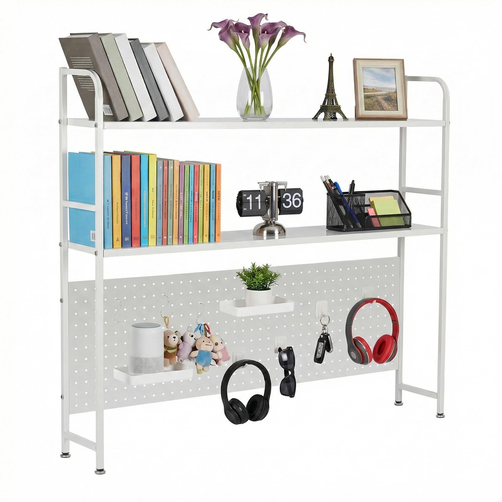 SUNNYNEST 2-Tier Desk Shelf with Pegboard, Metal Desktop Organizer Bookcase for Home Office, Study or Dorm, Countertop Storage Shelf with Accessories (White, 95cm / 115.5cm) (115.5 × 20 × 99.5 cm)