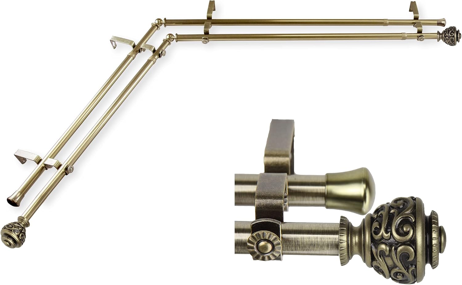 A&F Rod Décor - Jamila 13/16" Corner Window Double Curtain Rod 120-170" - Antique Brass