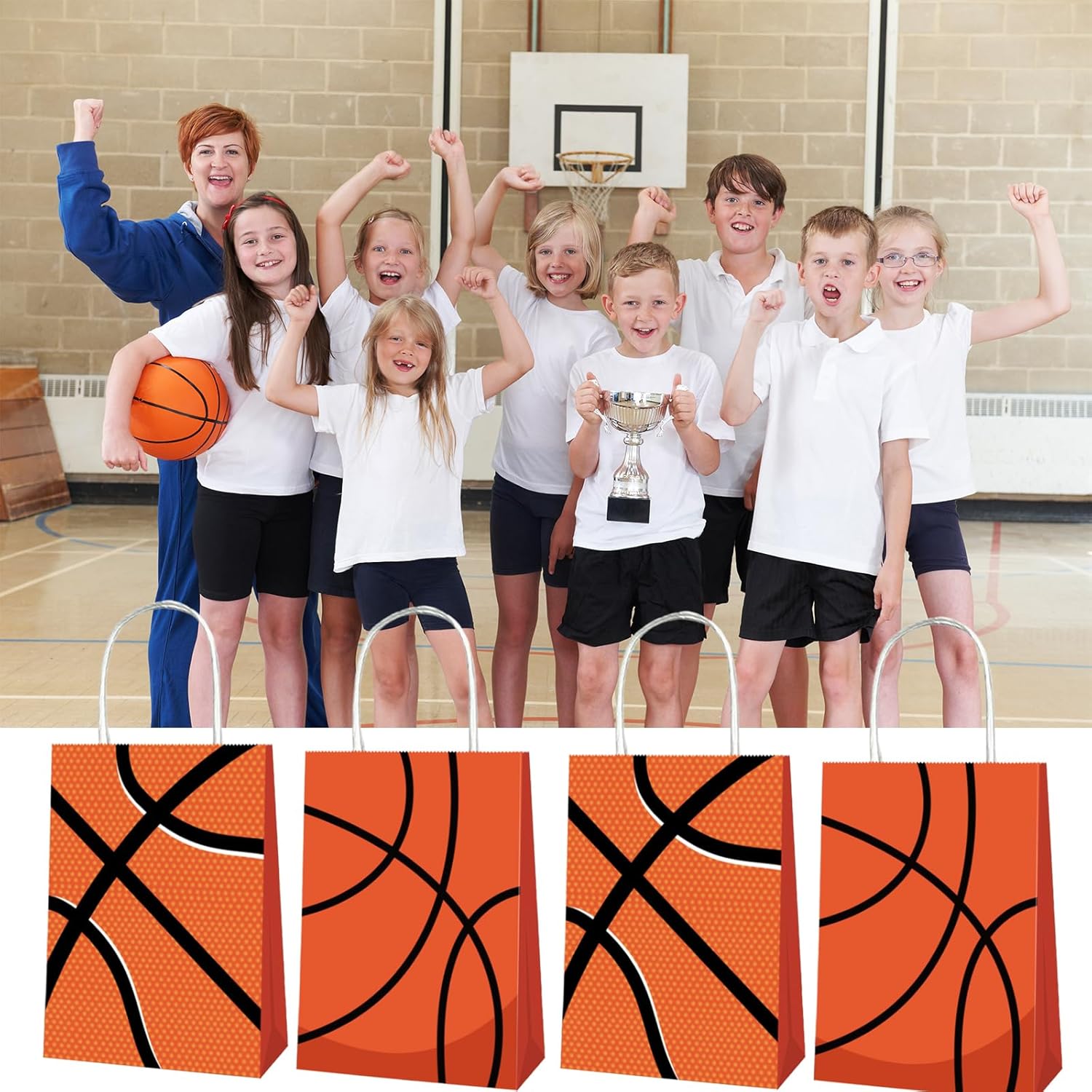 Qpout 12 Pack Basketball Gift Bags Bulk, Basketball Goodie Treats Bag for Team Snacks, Girls Boys Basketball Team Bag, Basketball Party Favors Bags for Birthday, Paper Candy Bags - Image 7