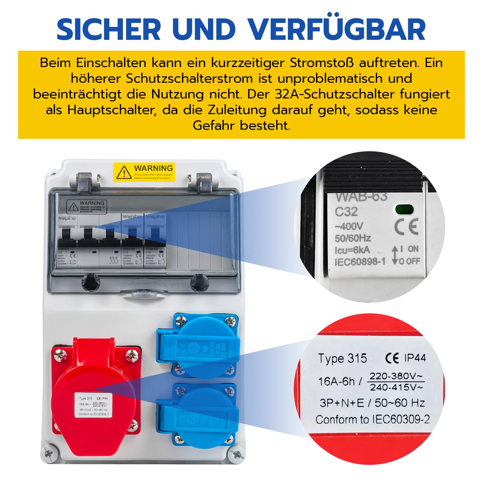 Baustromverteiler 16A mit Leitungsschutzschalter,Wandverteiler mit CEE Steckdose 16A,Starkstrom Verteiler Wasserdicht Außen(2x16A 1P LS+32A 3P LS)