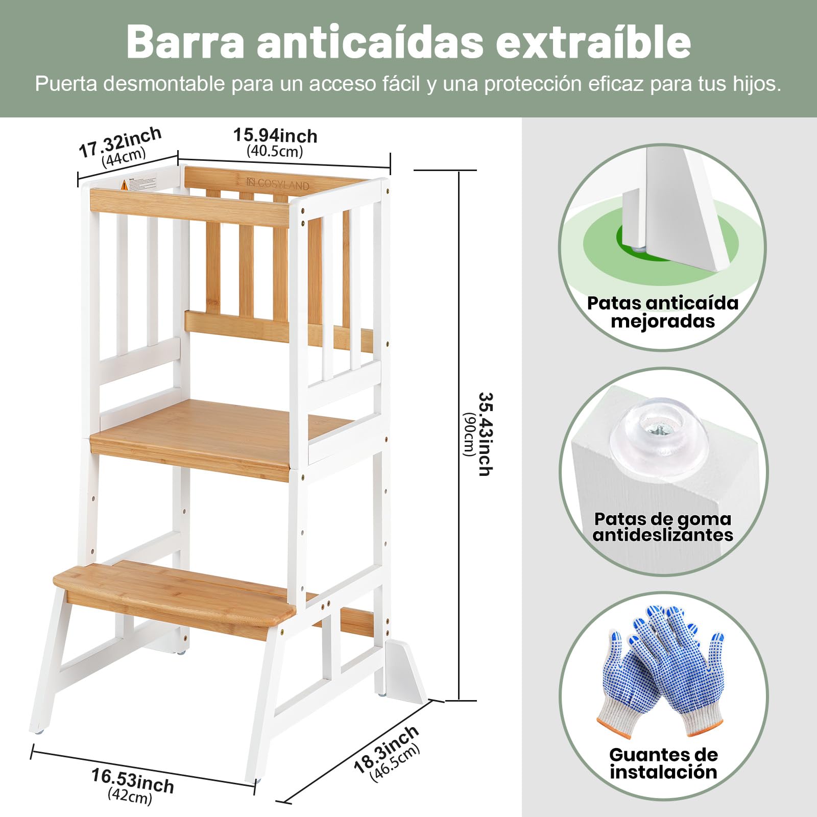 COSYLAND Torre de Aprendizaje Montessori para Niños 1-6 Años - 3 Niveles Altura Regulable Blanco Natural
