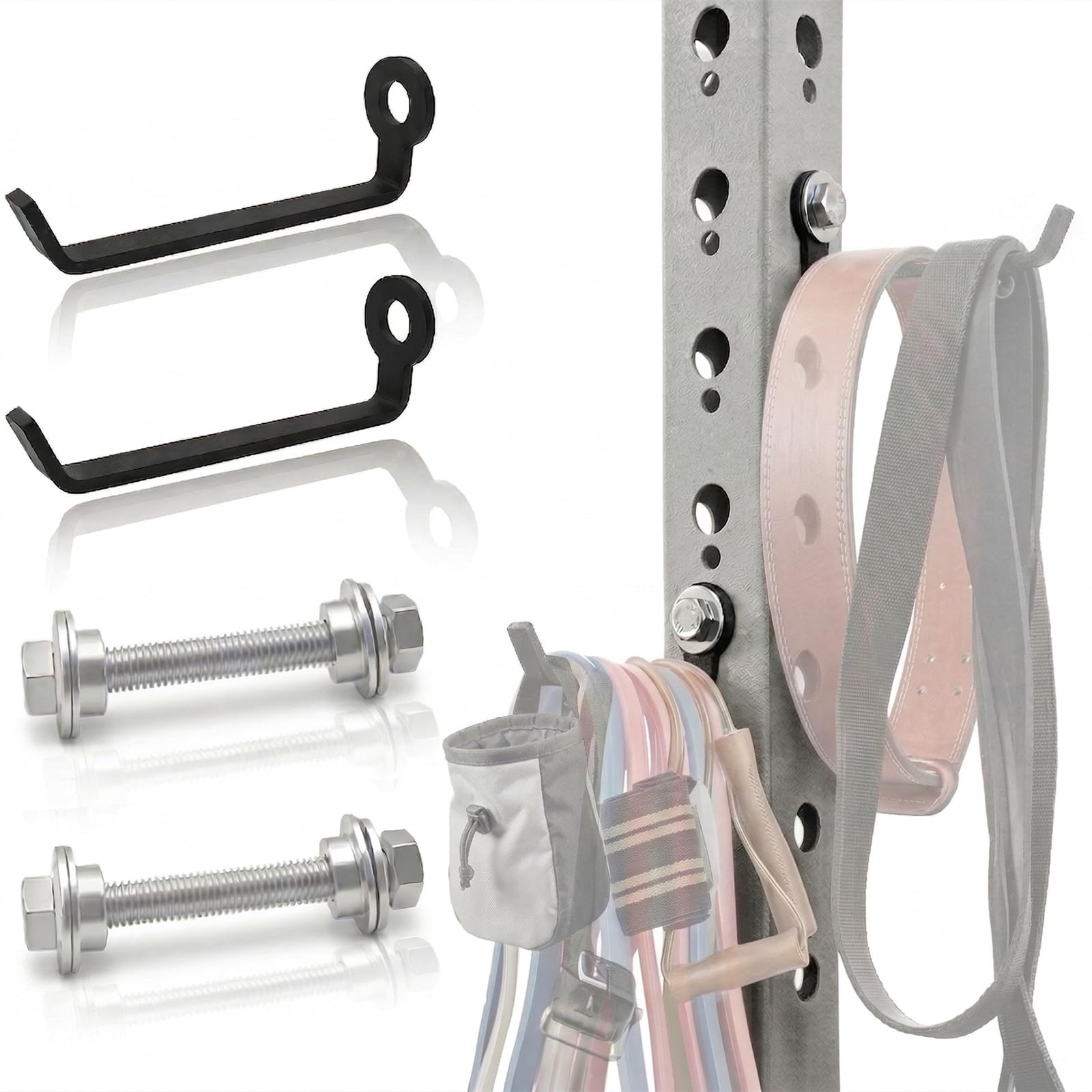 J Bryant Squat Rack Storage Hooks for 5/8" & 1" Holes, Powder Coated Steel Rack Hangers with Spacer, Gym Organizer for Cable Attachments, Resistance Bands & Accessories (Black(2 Pack))