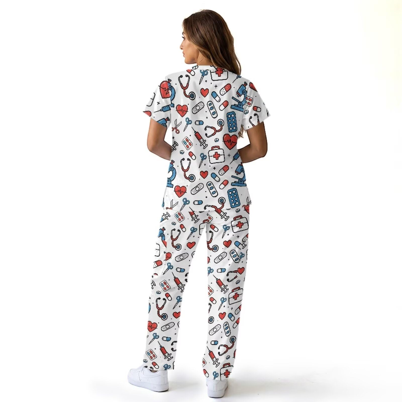 Set di scrub con stampa carina con scollo a V e pantaloni a gamba dritta con 6 tasche, per infermieri, abbigliamento da lavoro, facile da pulire