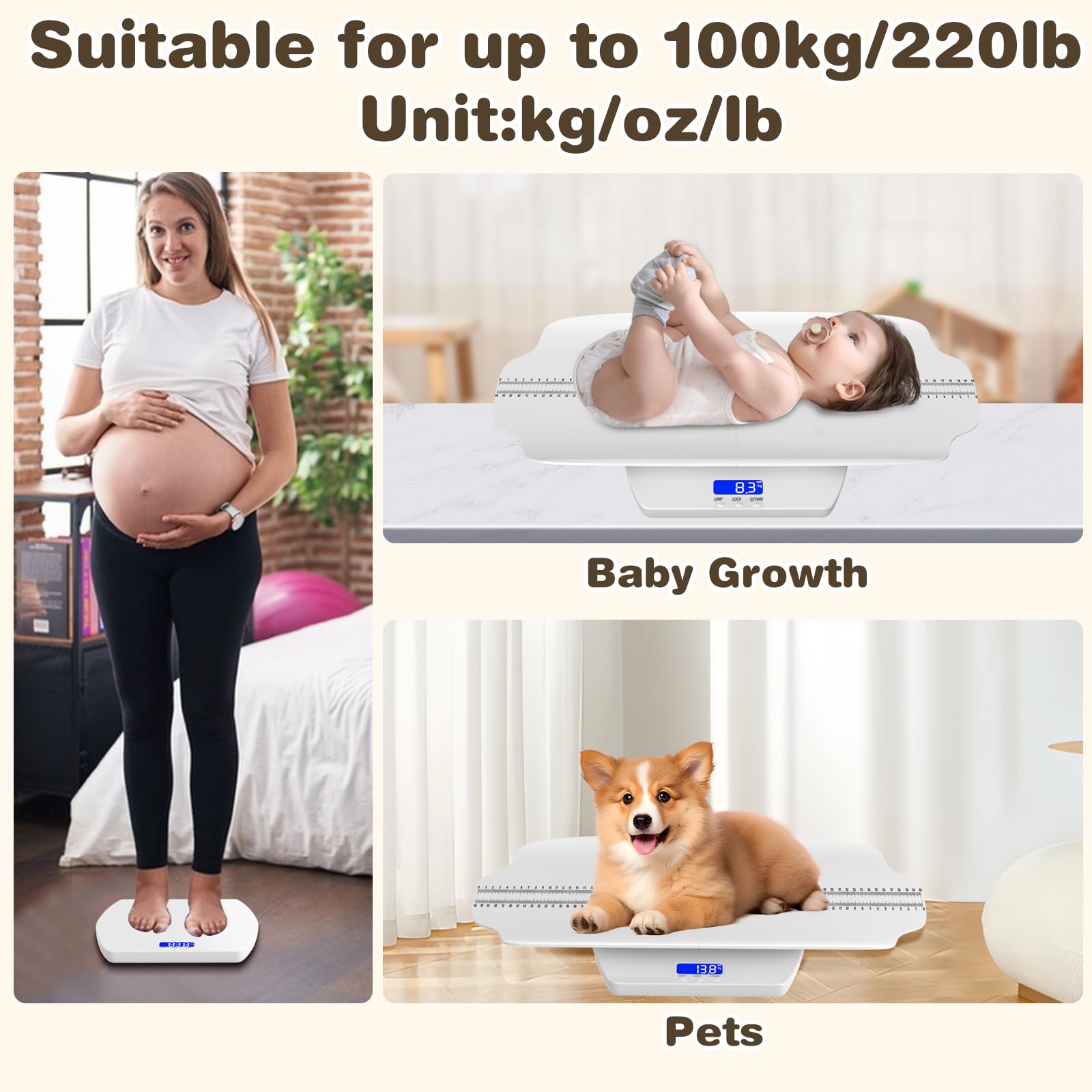 Bilancia digitale per bambini con vassoio rimovibile e scala graduata, 100 kg (± 1 gram), bilancia per animali domestici, cucina