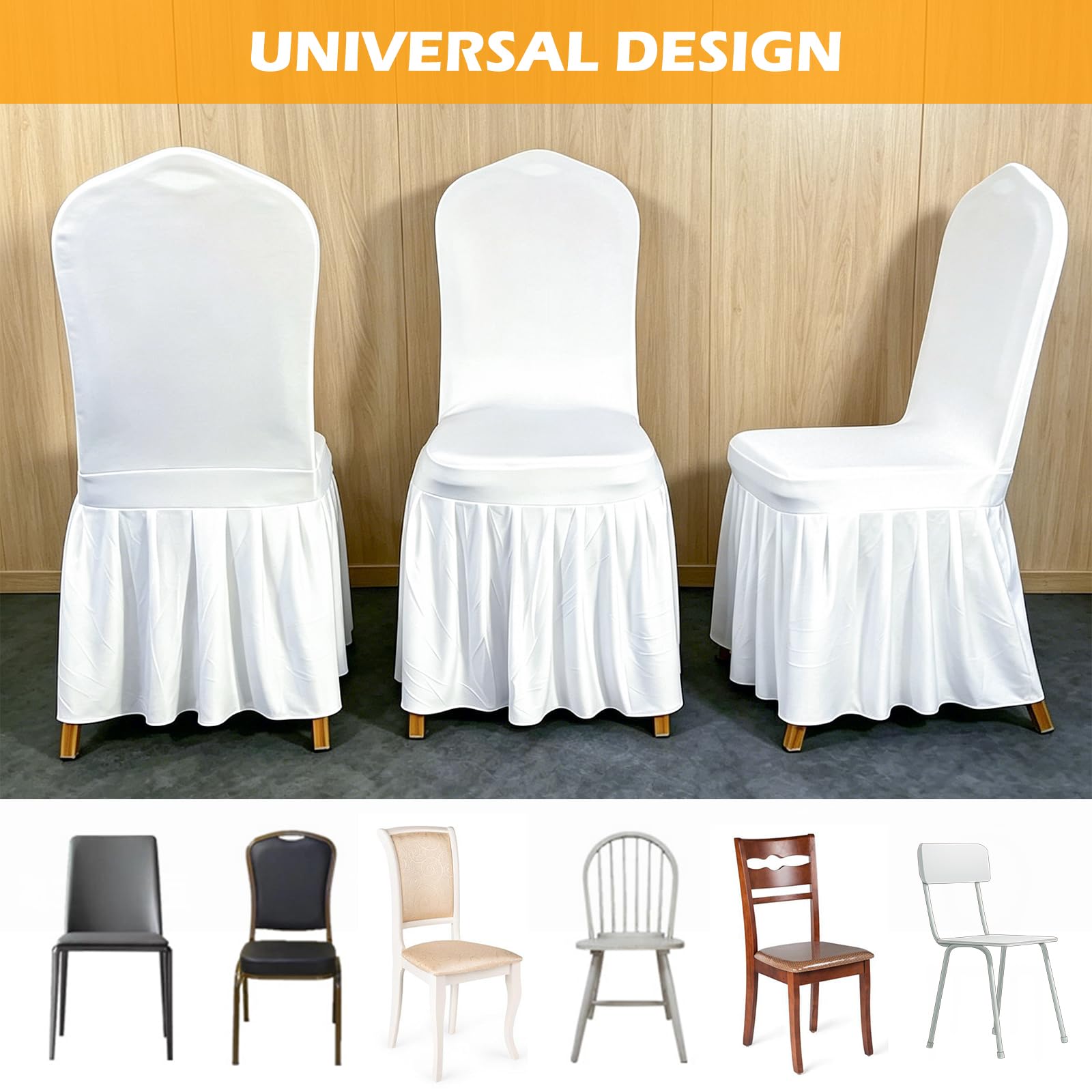 Fundas para sillas blancas, 6 unidades, universales, elásticas, de elastano, con falda, fundas lavables para sillas, elásticas, para bodas, fiestas, hoteles
