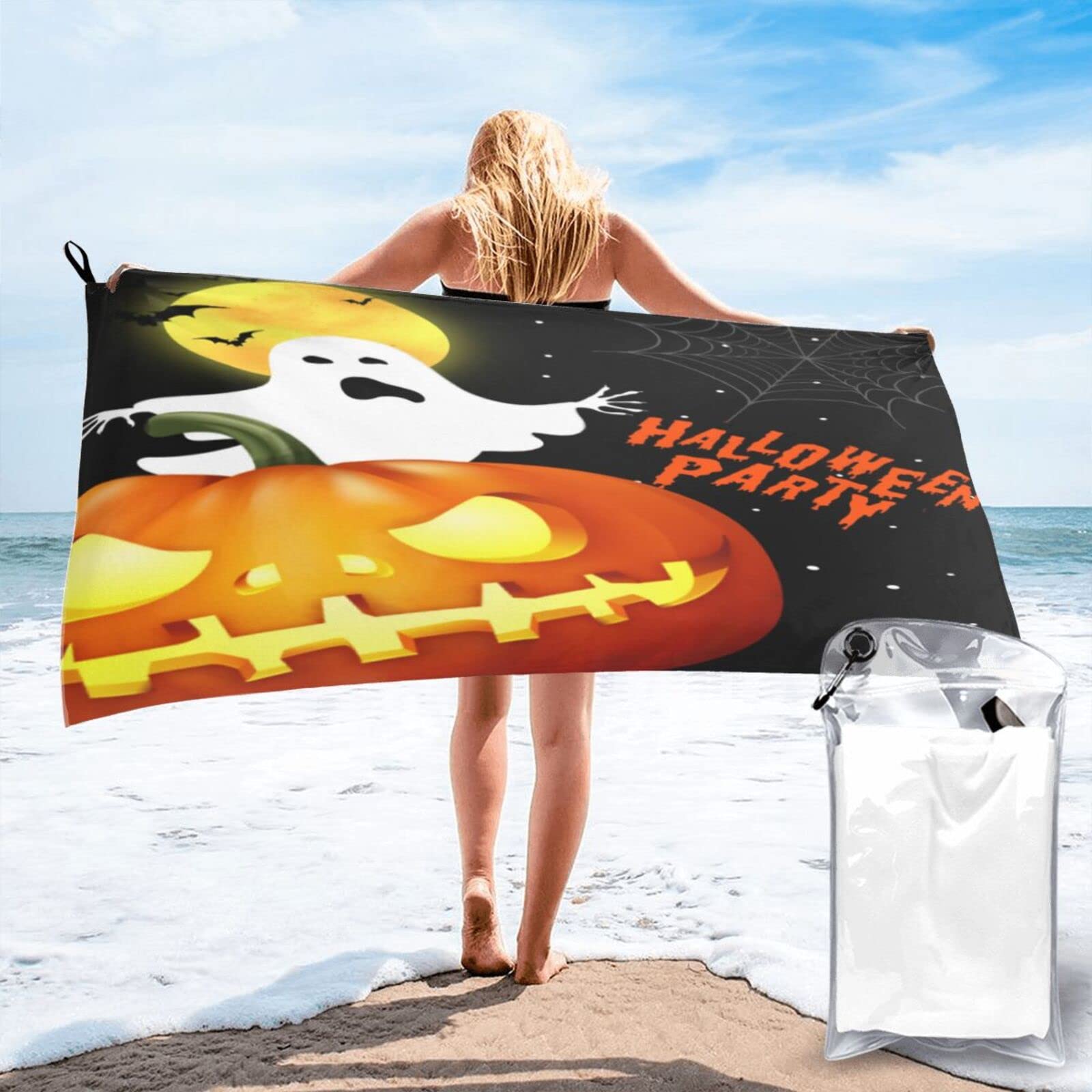 Lawenp Happy Halloween Pumpkin Microfiber Beach Towel Adults Large Quick Drying Bath Towel Travel Towels with Pouch 31.5"x63"