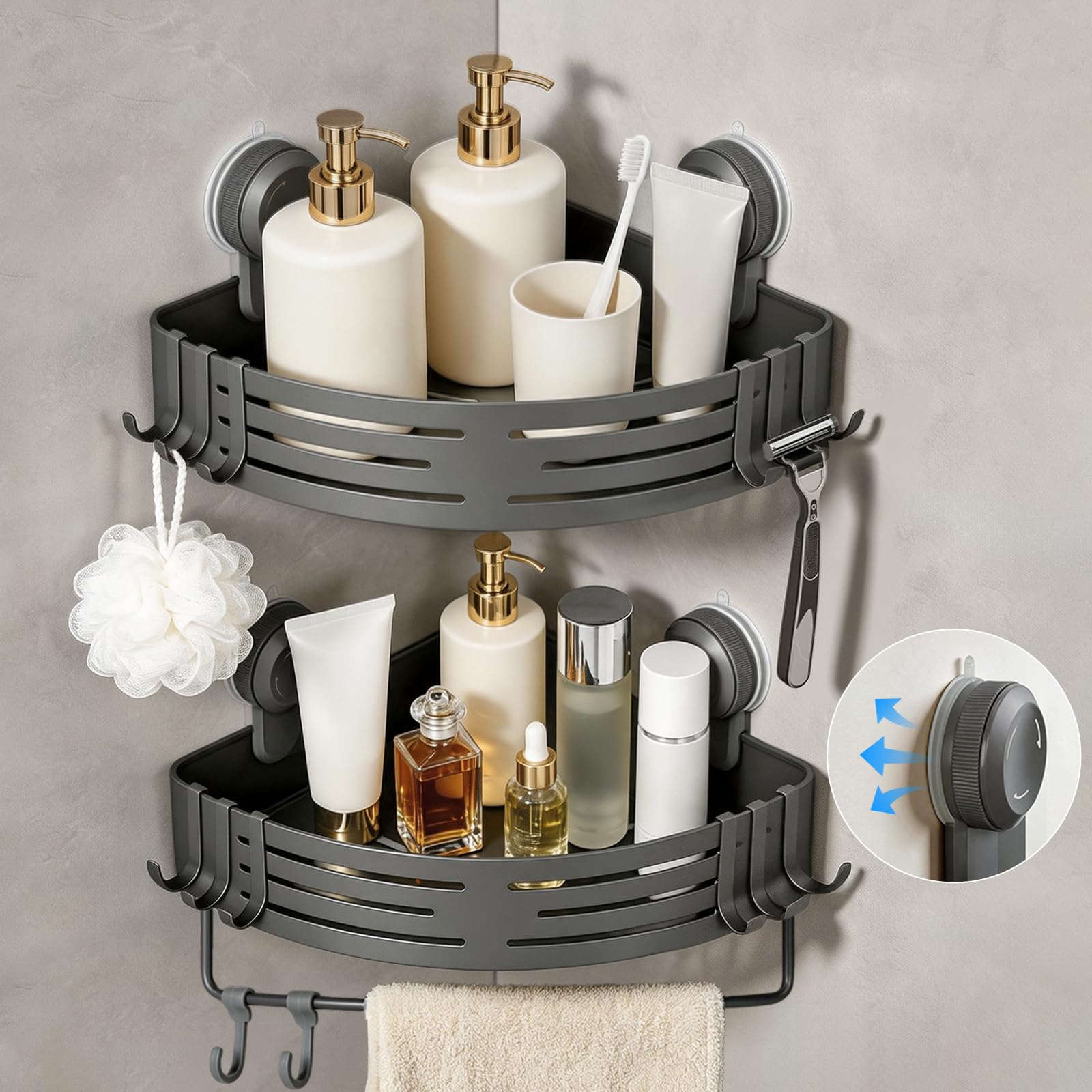 Lekesky Corner Shower Caddy Suction Cup, Shower Corner Shelves No Drilling with a Towel Bar, Rust Resistant Shower Shelf, Removable Shower Rack for Bathroom Organiser(Aluminum, 2-Pack, Gunmetal Grey)