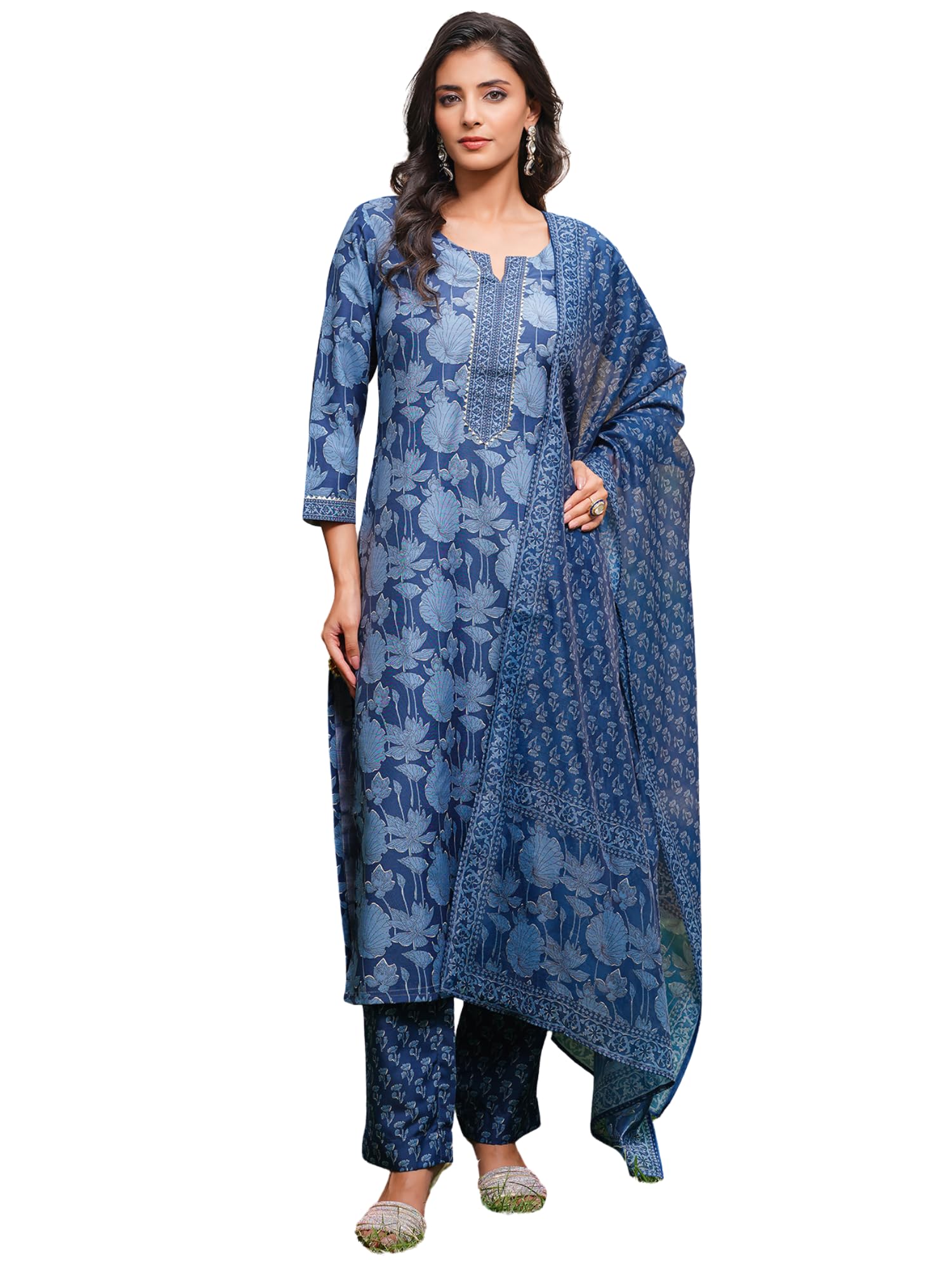 Women's Blue Rayon Blend Printed Straight Floral Kurta Trousers With Dupatta Sets | Daily Straight Kurta Set For Women | Printed Salwar Suit For Womens-image-35