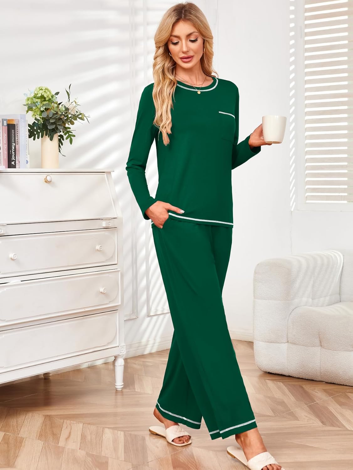 Besshopie Womens Pajamas Sets 2 Piece PJS Crewneck Long Sleeve Sleepwear Comfy Pants Lounge Set with Pockets - Image 3