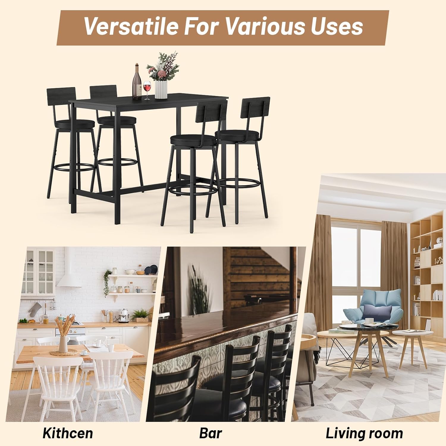 Zevemomo Dining Table Set for 4, 5-Piece Bar Table Set, Kitchen Table and Chairs, Counter Height High Top Table with 4 PU Upholstered Stools, Space-Saving Pub Tables Set for Small Space, Black