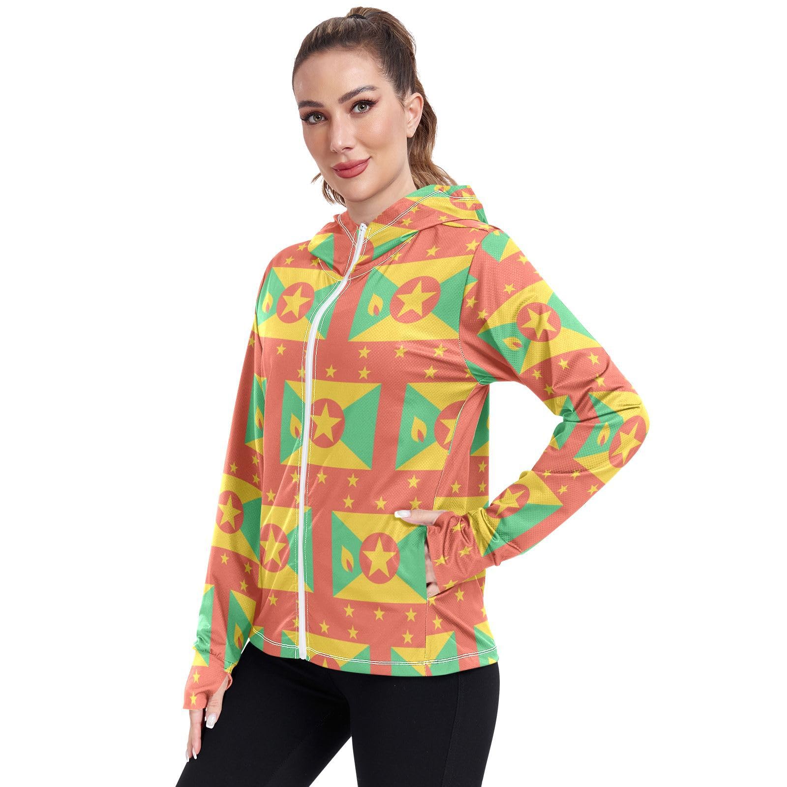 Grenada Flag Women's UPF 50+ Sun Protection Hoodie Jacket Lightweight Long Sleeve Sun Shirt with Pocket Multicoloured