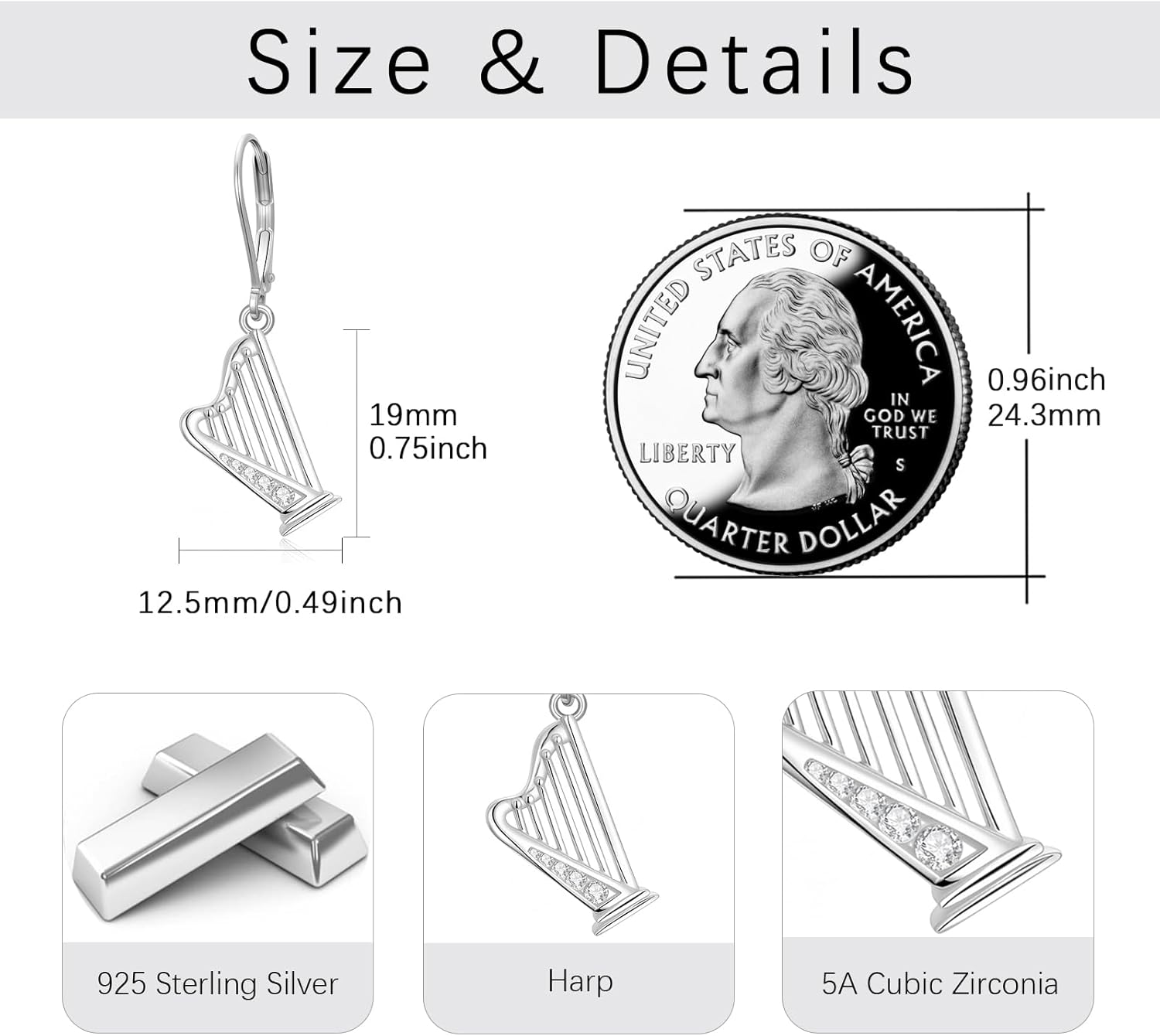 Music Note Drop Earrings 925 Sterling Silver Treble Note, Semiquaver, Flute, Harp Symbol Musical Jewelry Gifts for Teacher Musician Students Music Lovers - Image 6