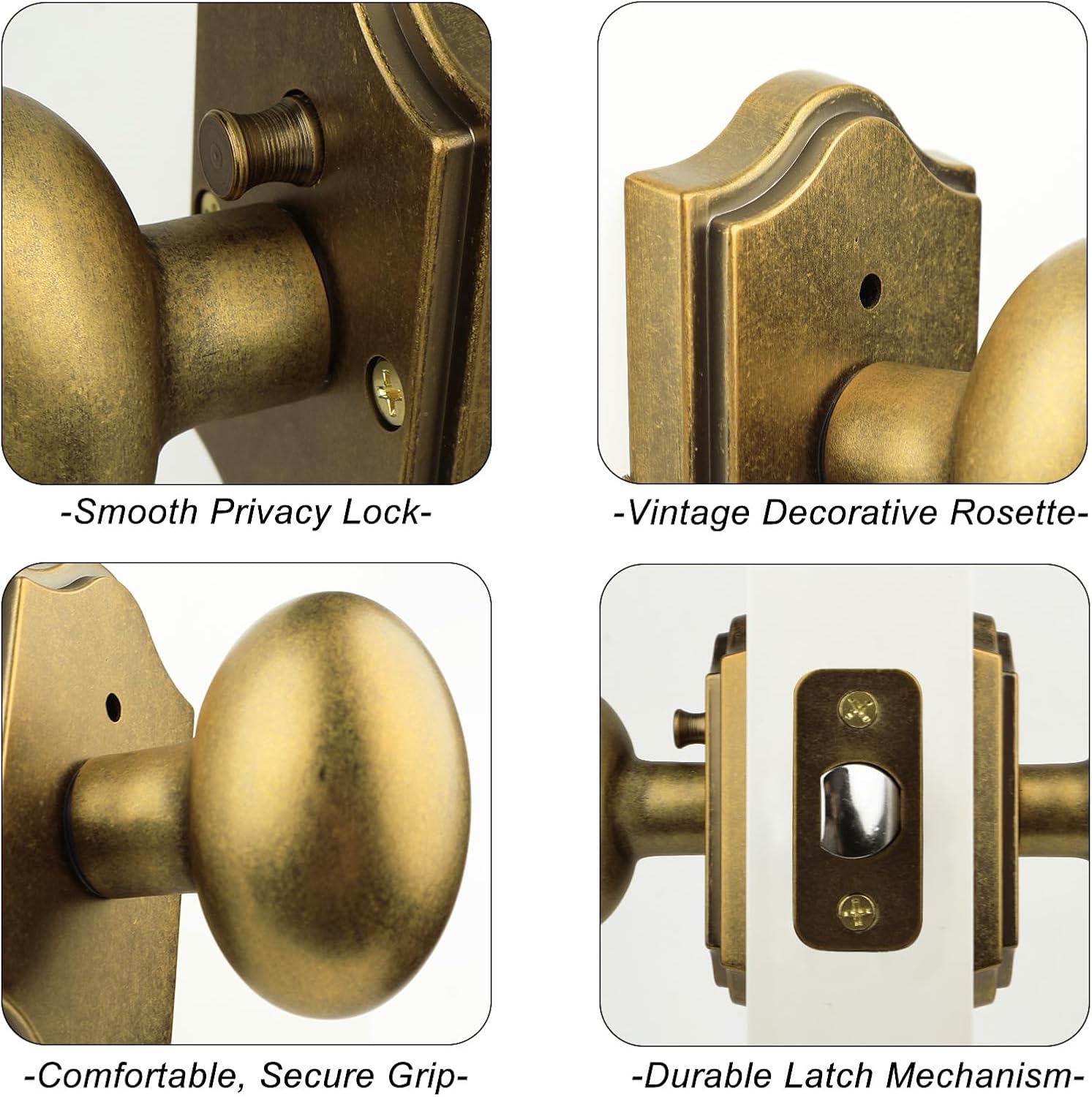 Antique Brass Finish Privacy Door Knob Interior, Vintage Style Zinc Alloy Oval Door Handle with Lock for Bathroom & Bedroom (Antique Brass, Privacy)