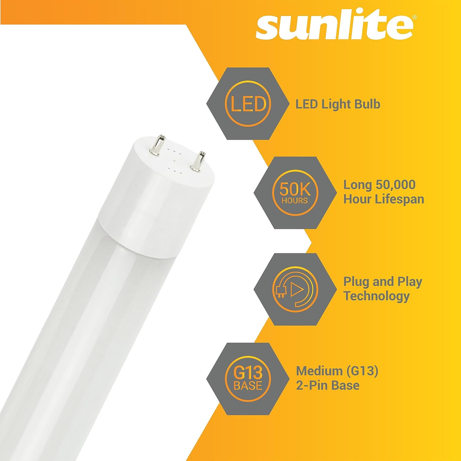 Sunlite 4-Foot LED T8 Tubular Light Bulb, 11.5 Watts, 1800 Lumens, 5000K Daylight, Medium G13 Bi-Pin Base, Plug and Play, UL & DLC Listed, F28T5, F32T8, F40T12, 10 Pack