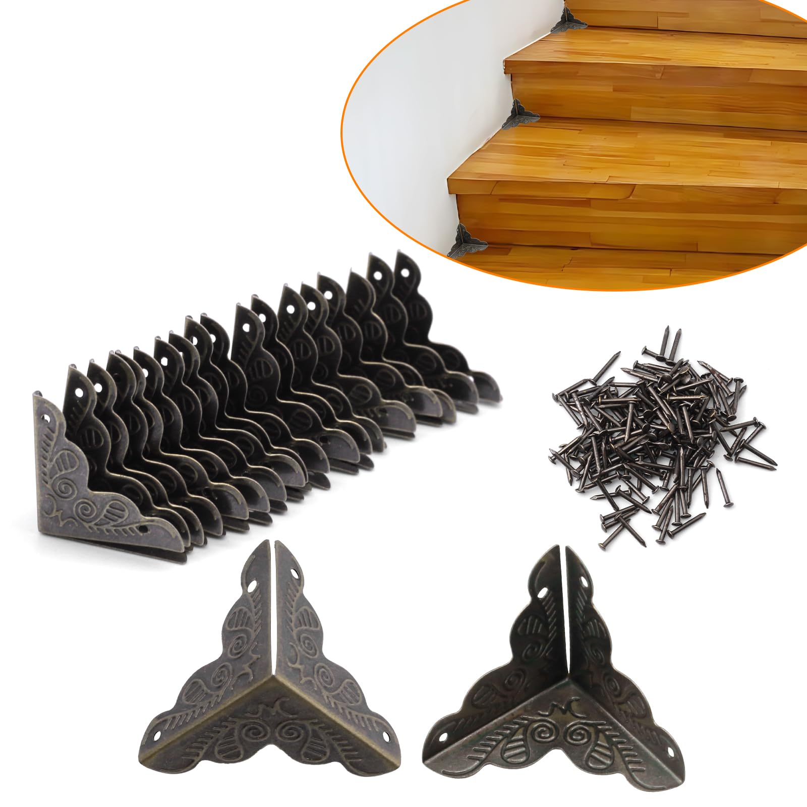 Olldag 36 PCS Stair Dust Inner Corners for Wooden Steps, 35mm Antique Decorative Corner for Jewelry Box, Vintage Edge Guard with Screws (Bronze)