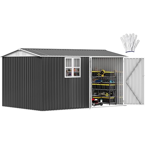 DWVO 12x8ft Metal Outdoor Storage Shed with Window, Lockable Tool Storage Sheds, Oversized Steel Garden Sheds with Sloped Roof for Backyard, Patio, Garage, Lawn, Gray & White